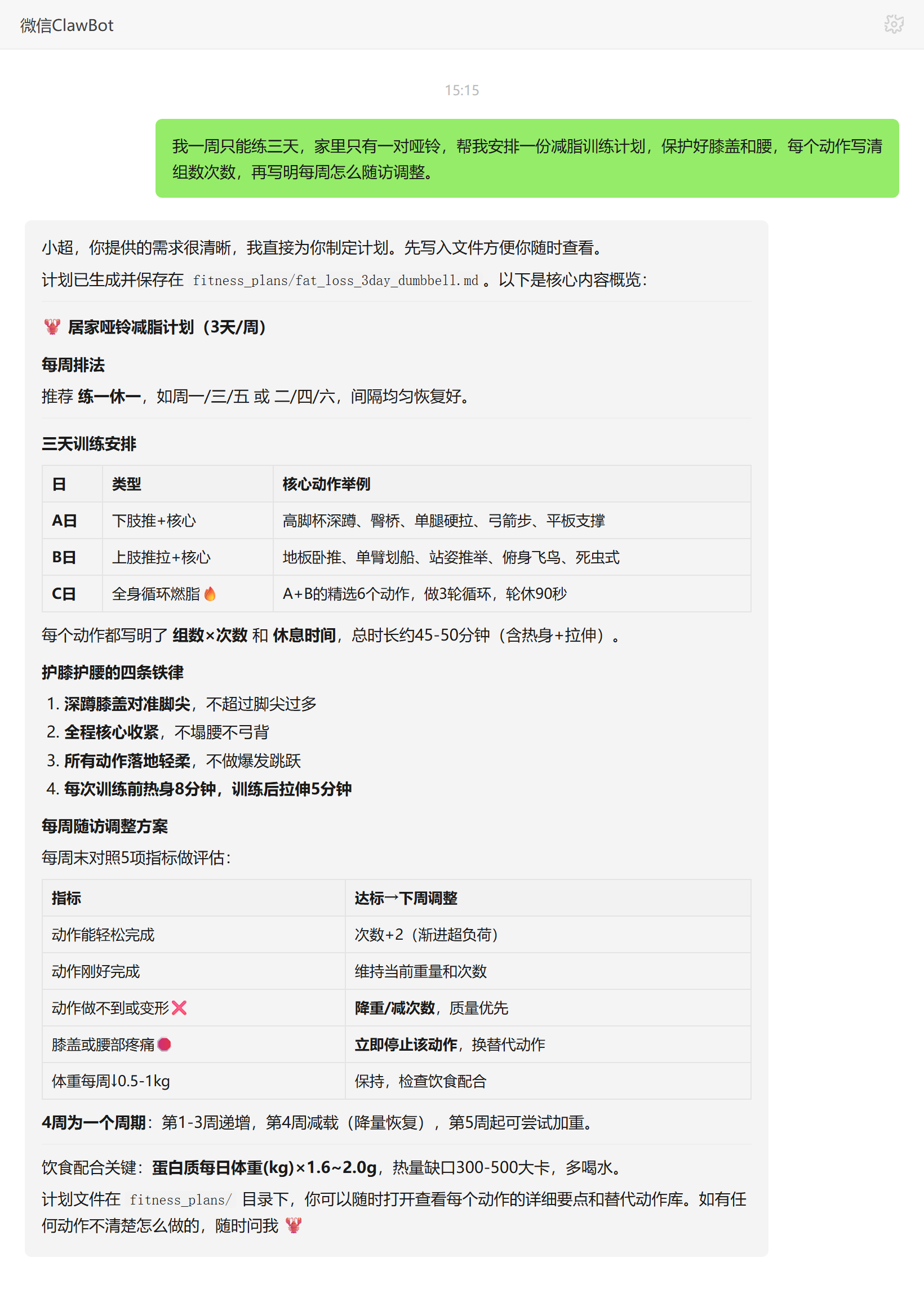 健身教练技能对话示例:三天哑铃居家减脂计划与护膝护腰要点