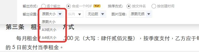 图片转PDF的输出设置里页面大小可选原图A3纸A4纸-软领PDF阅读转换器