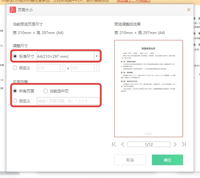 标准尺寸里选中A4纸张和所有页面范围-软领PDF阅读转换器