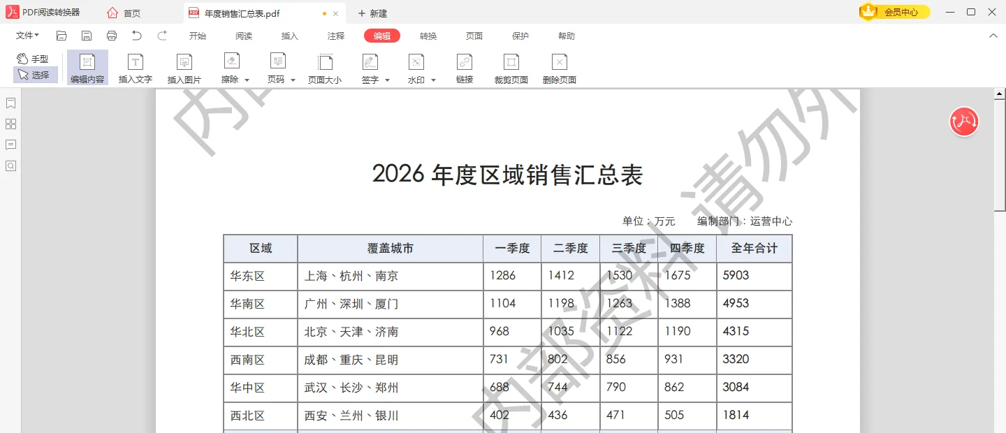 加好内部资料水印的销售汇总表页面效果-软领PDF阅读转换器