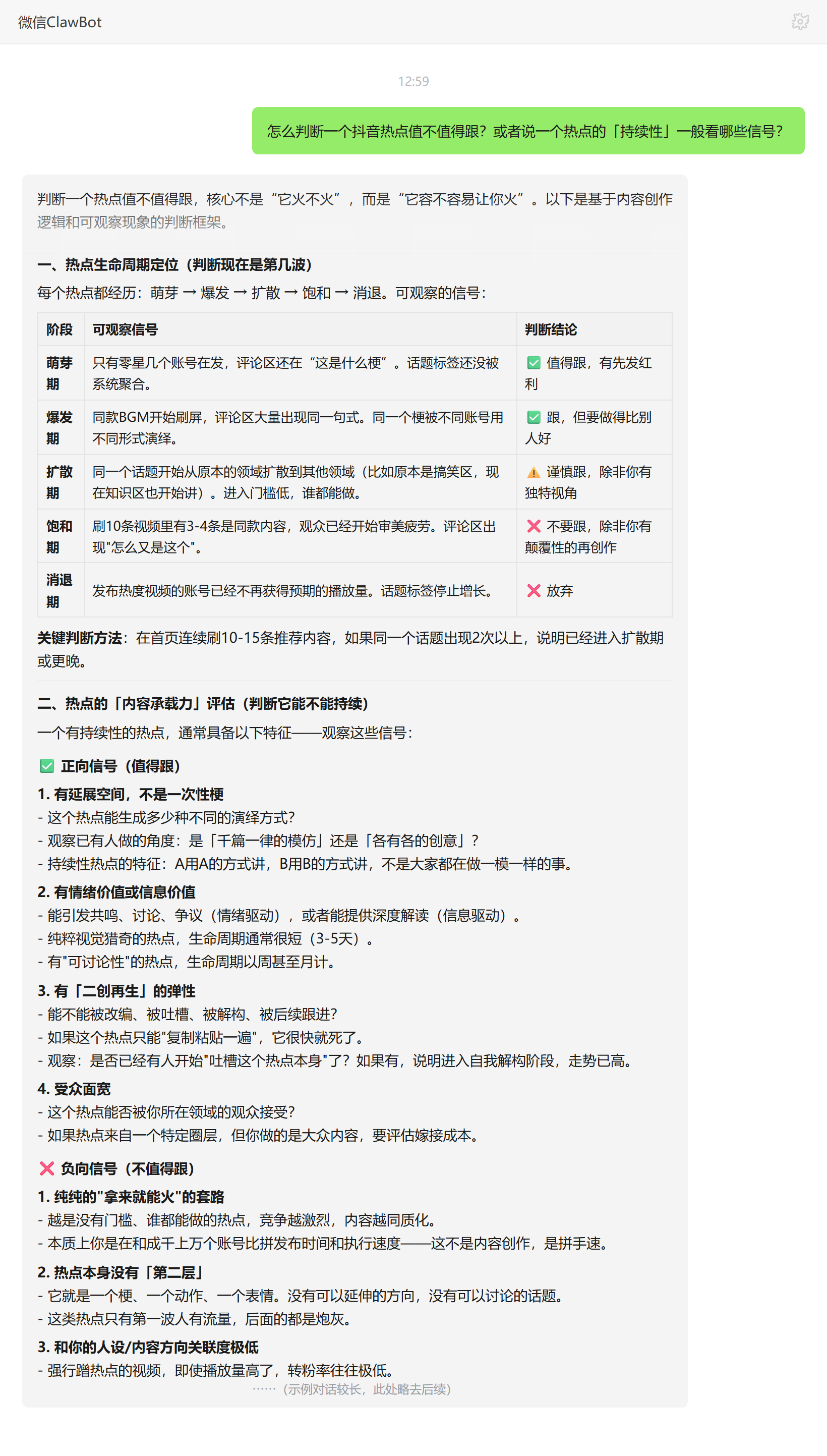 判断抖音热点值不值得跟与持续性信号——ClawBot 对话示例
