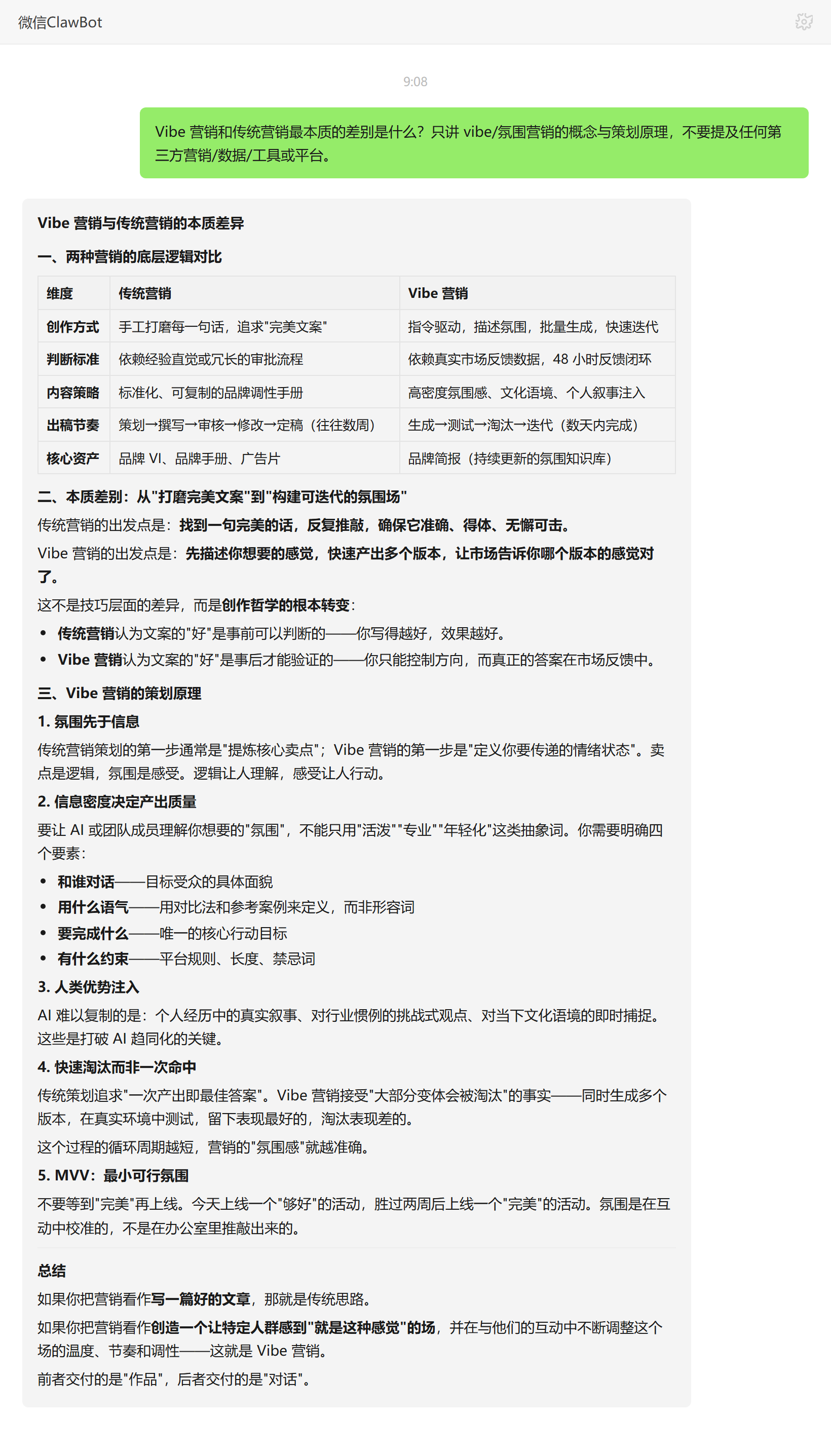Vibe 营销与传统营销本质差别与策划逻辑——ClawBot 对话示例