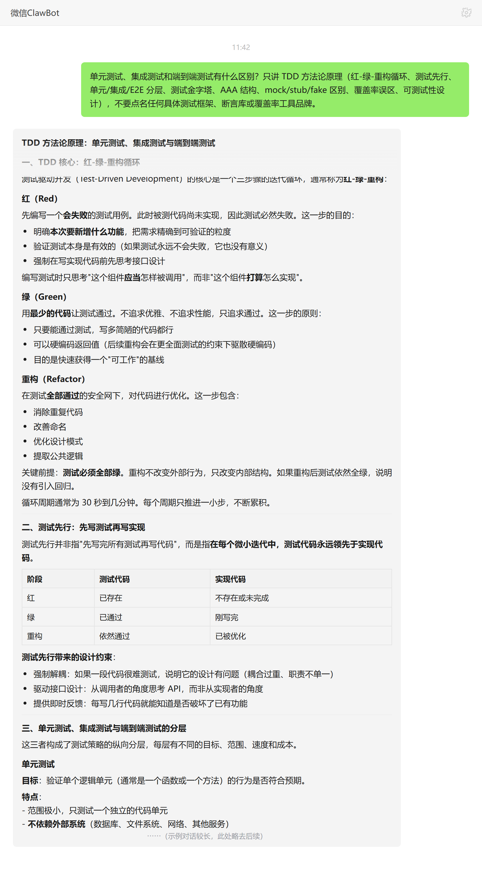 单元测试集成测试端到端测试区别——ClawBot 对话示例
