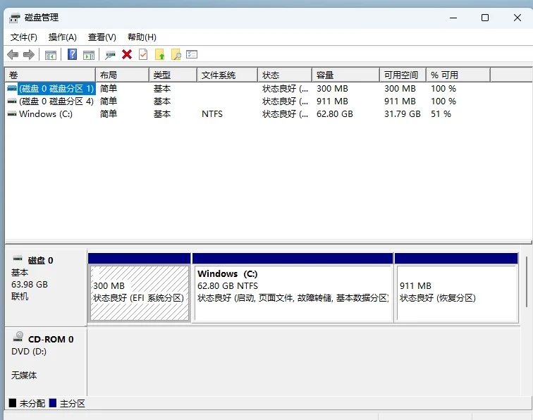 磁盘管理显示磁盘0上有EFI系统分区C盘和恢复分区-软领Windows优化大师