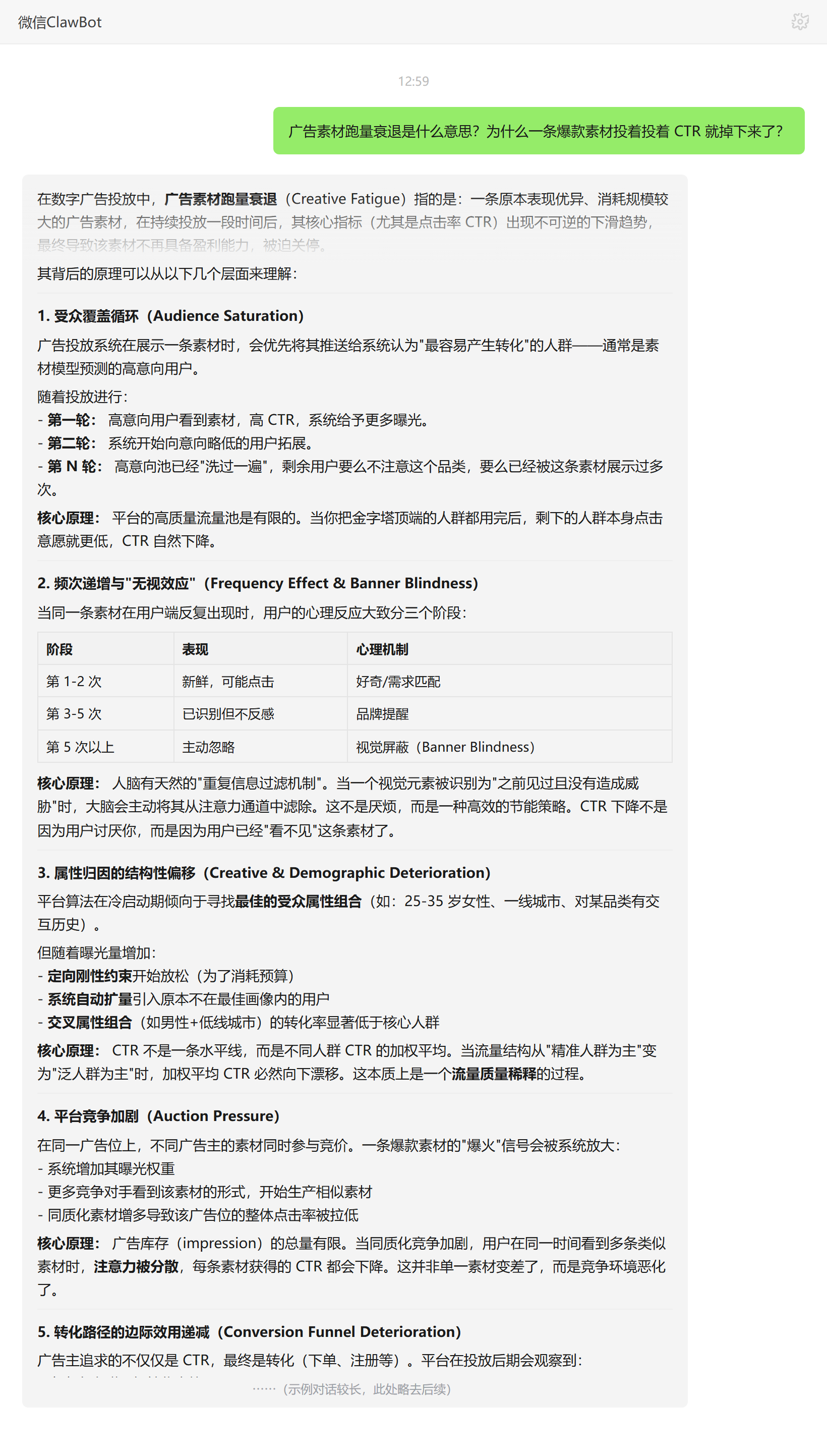 广告素材跑量衰退是什么意思及 CTR 下降的原理——ClawBot 对话示例