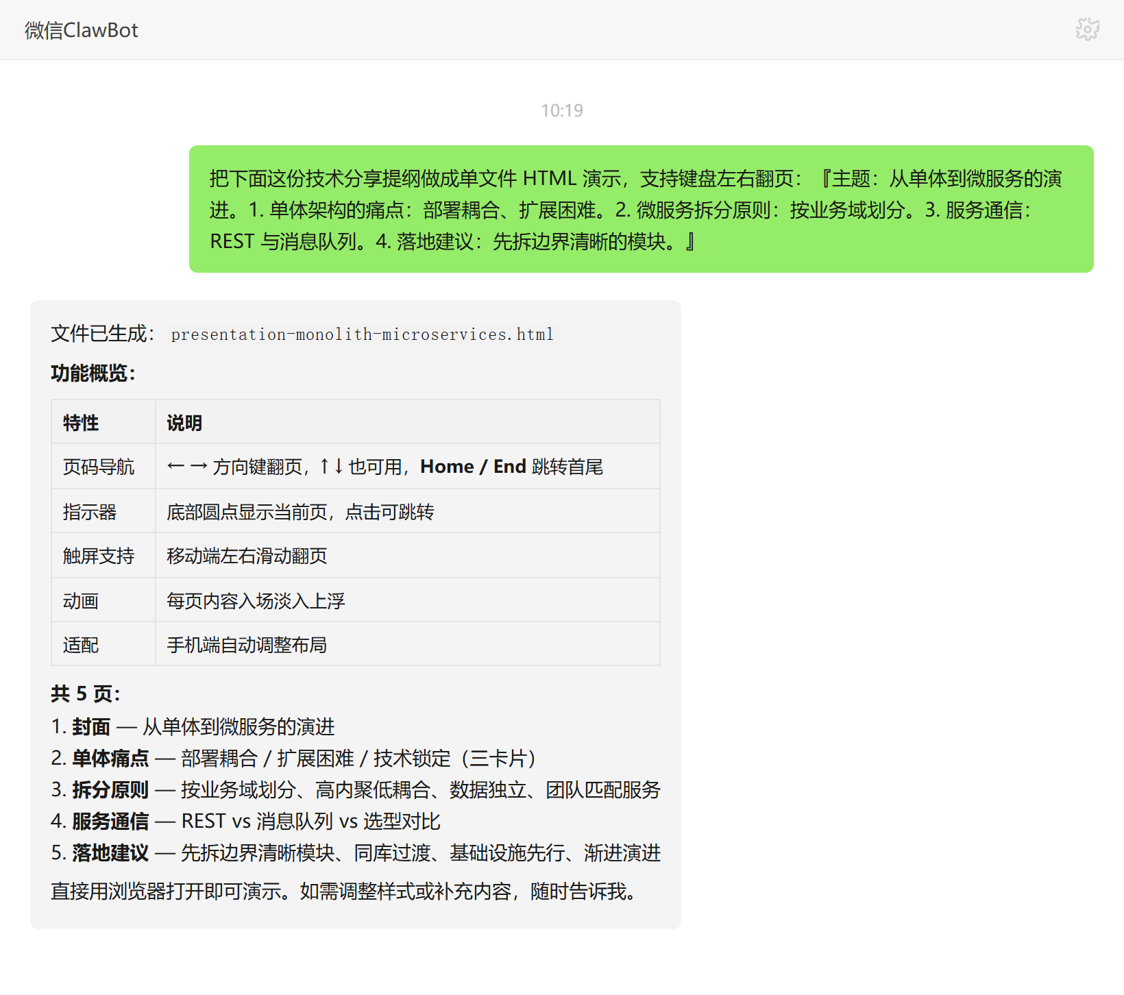 前端演示文稿技能对话示例:微服务演进单文件HTML翻页演示