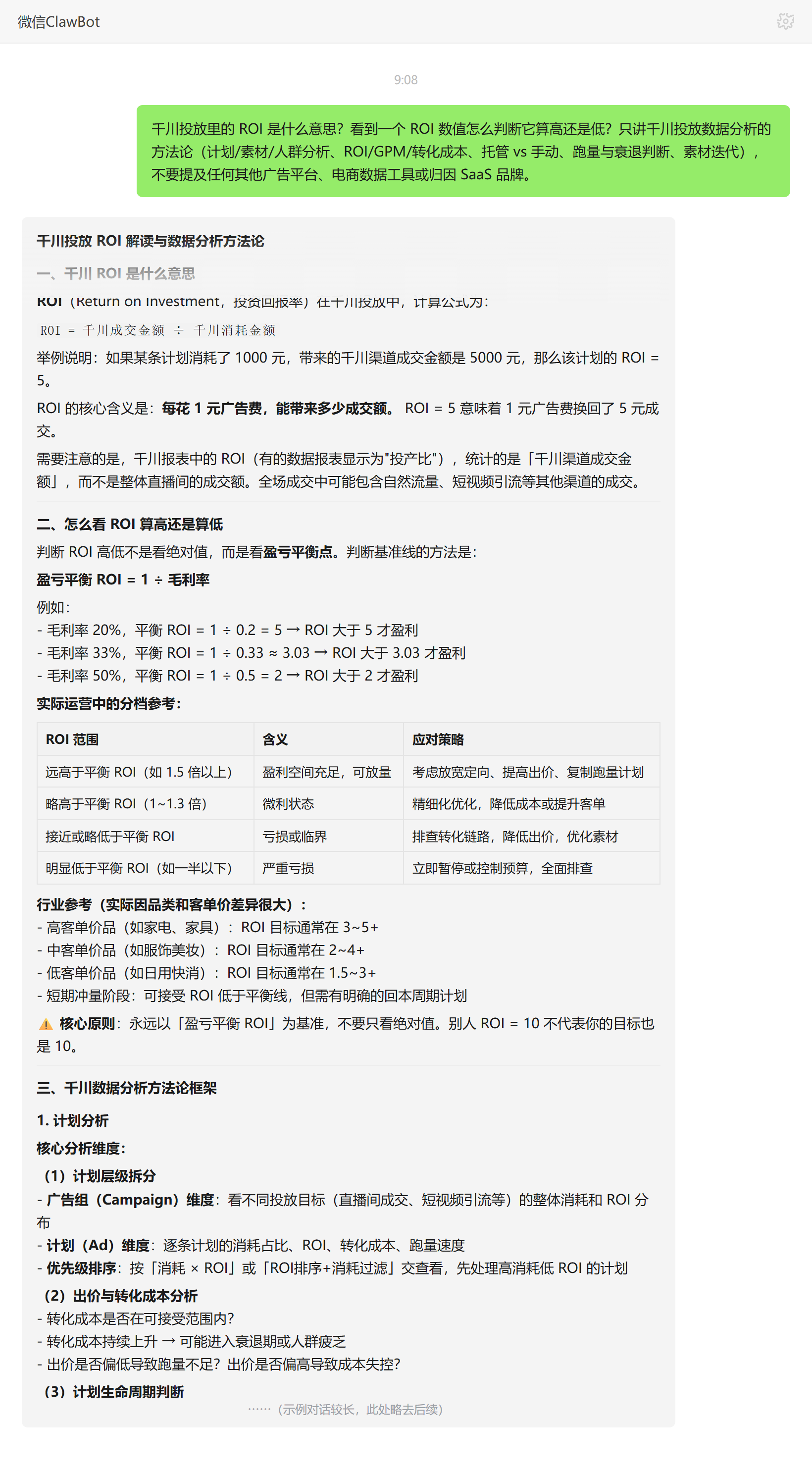 千川 ROI 是什么及高低判断——ClawBot 对话示例