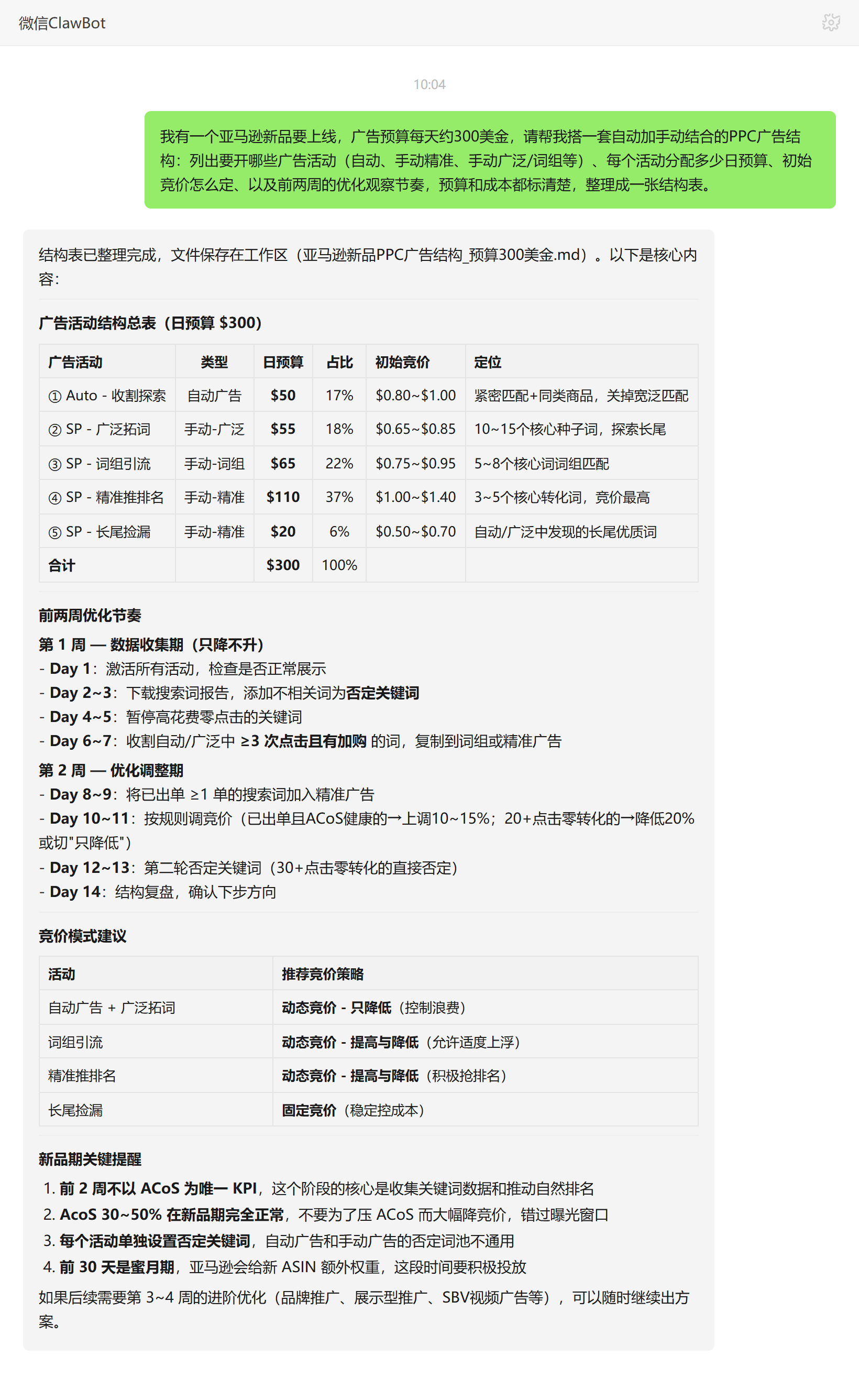 亚马逊PPC投放技能对话示例:300美金预算的五活动广告结构表