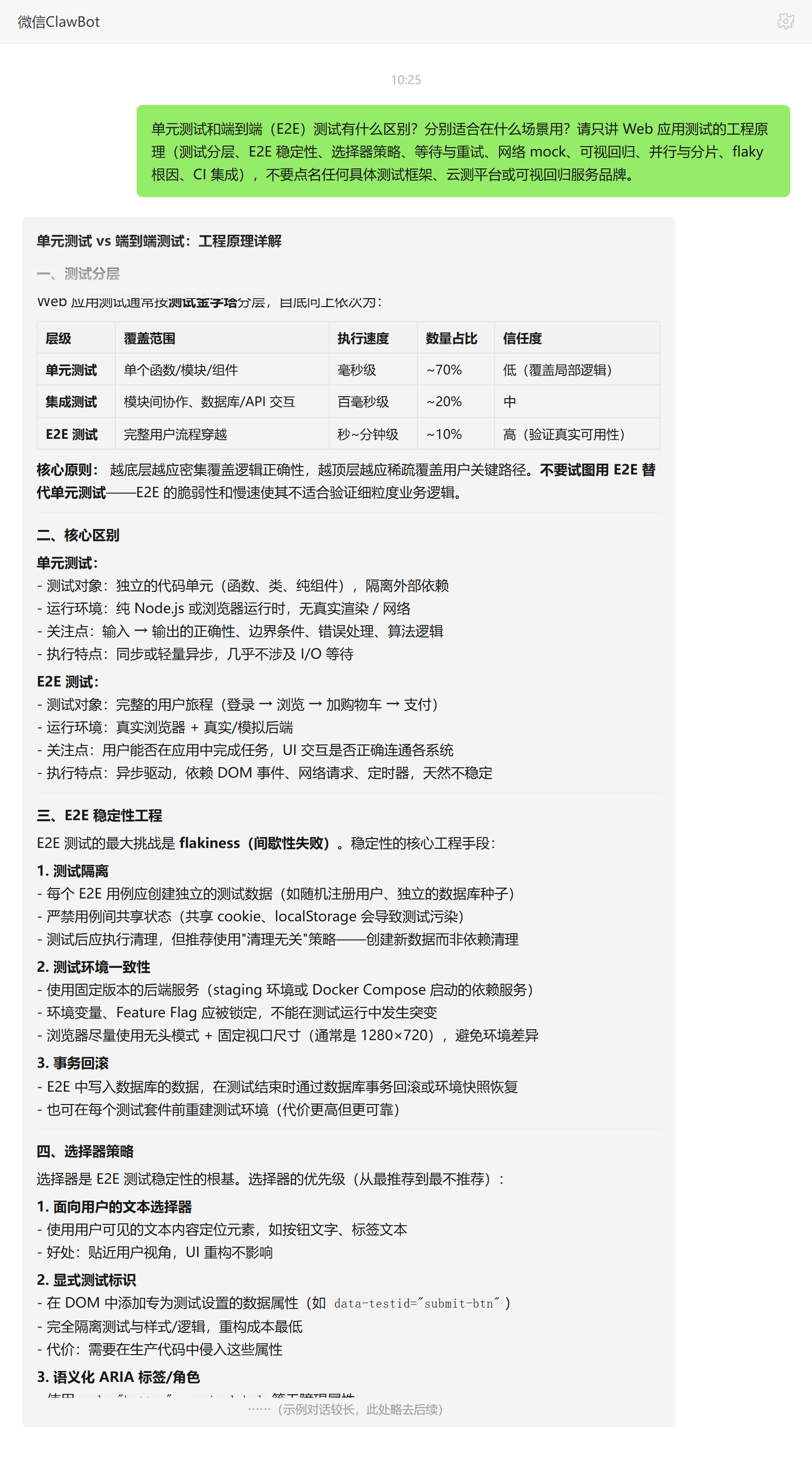 单元测试和E2E端到端测试的区别与适用场景——ClawBot 对话示例