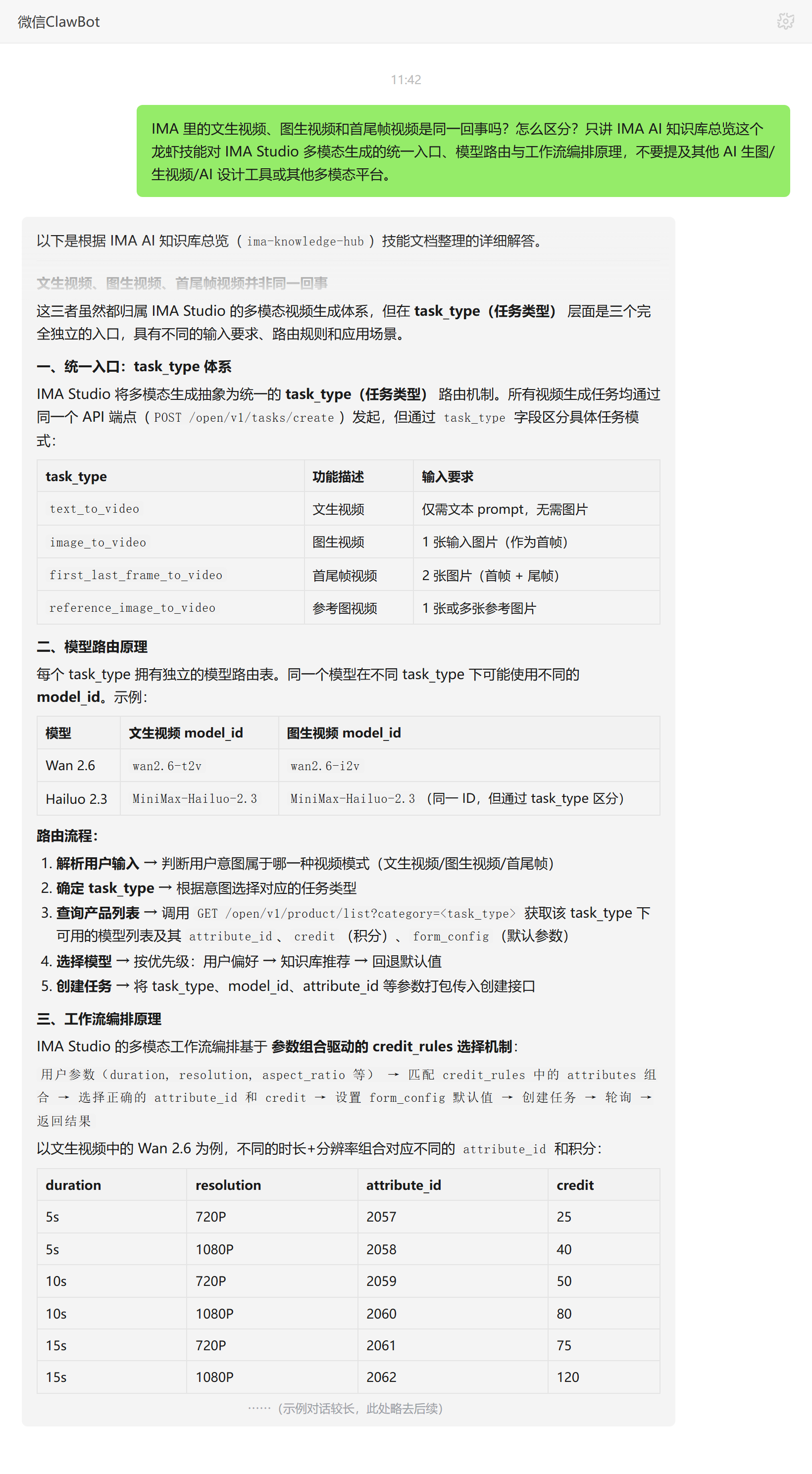 IMA 文生视频、图生视频、首尾帧视频三种 task_type 区别——ClawBot 对话示例
