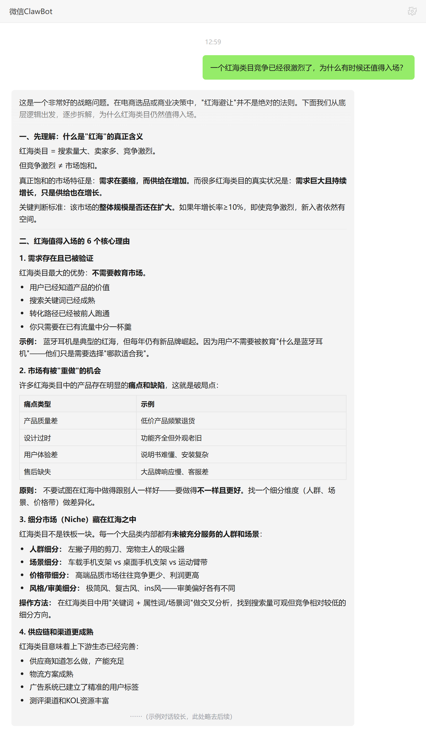 红海类目竞争激烈为什么有时仍值得入场——ClawBot 对话示例