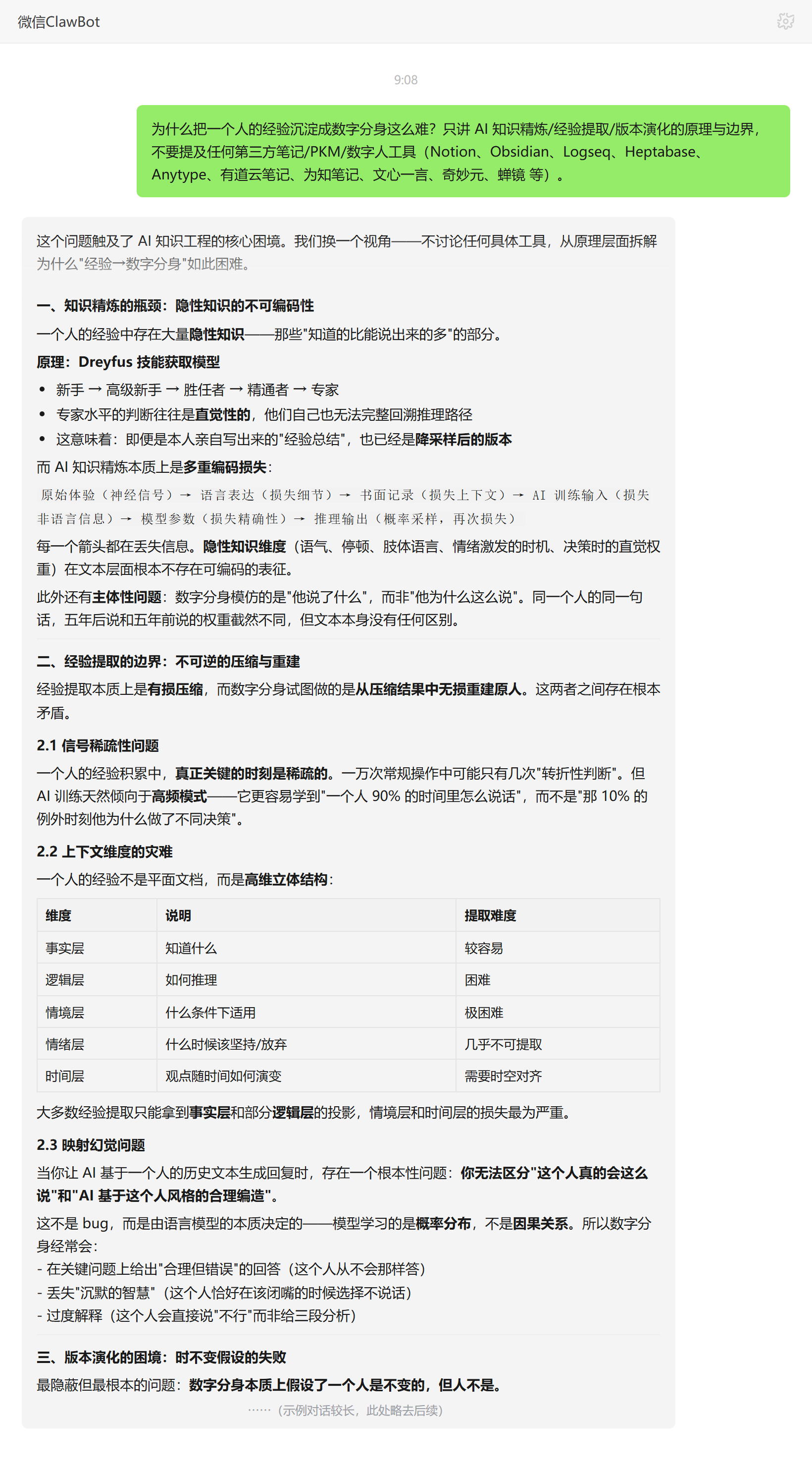 为什么把一个人的经验沉淀成数字分身这么难——ClawBot 对话示例