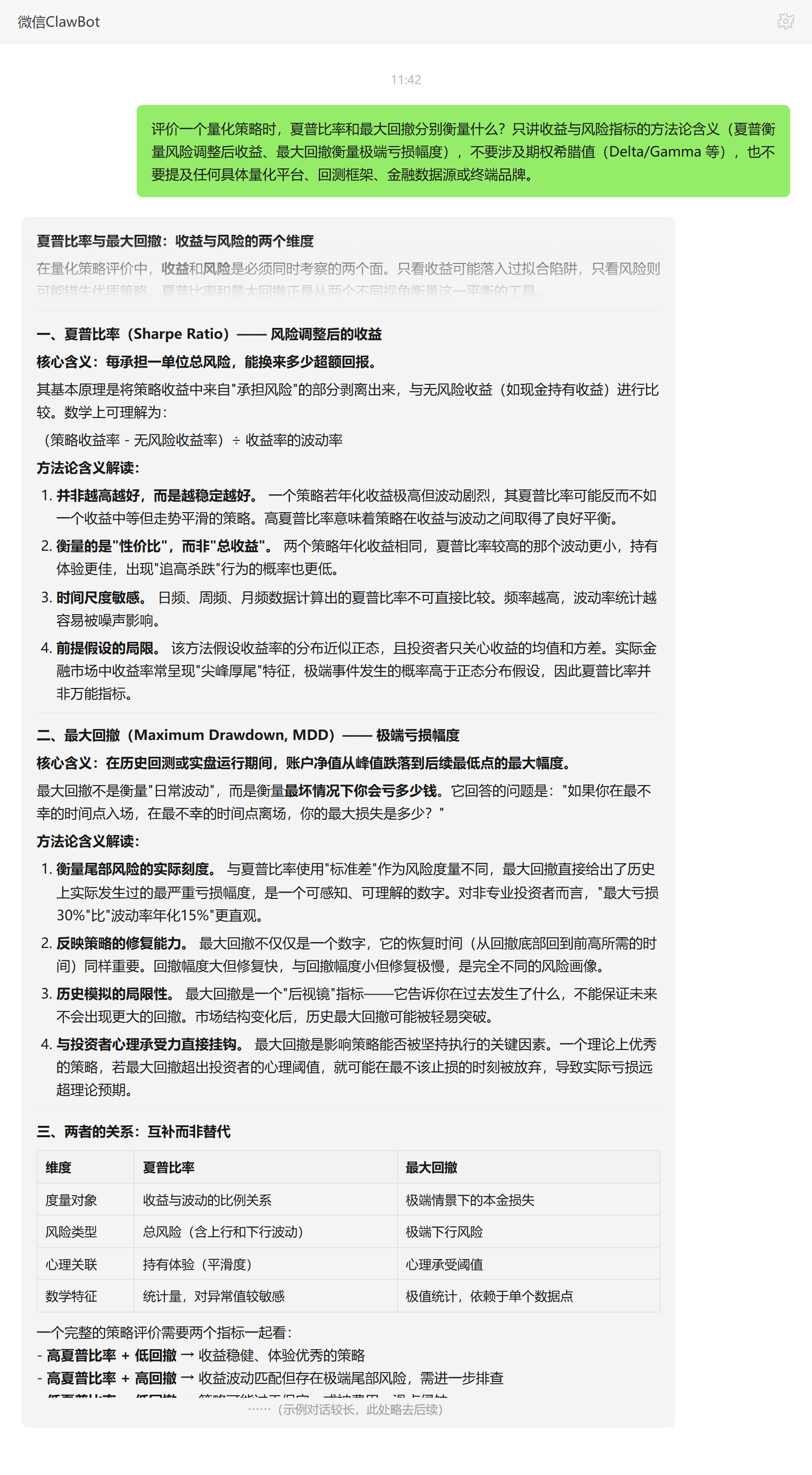 夏普比率与最大回撤含义——ClawBot 对话示例