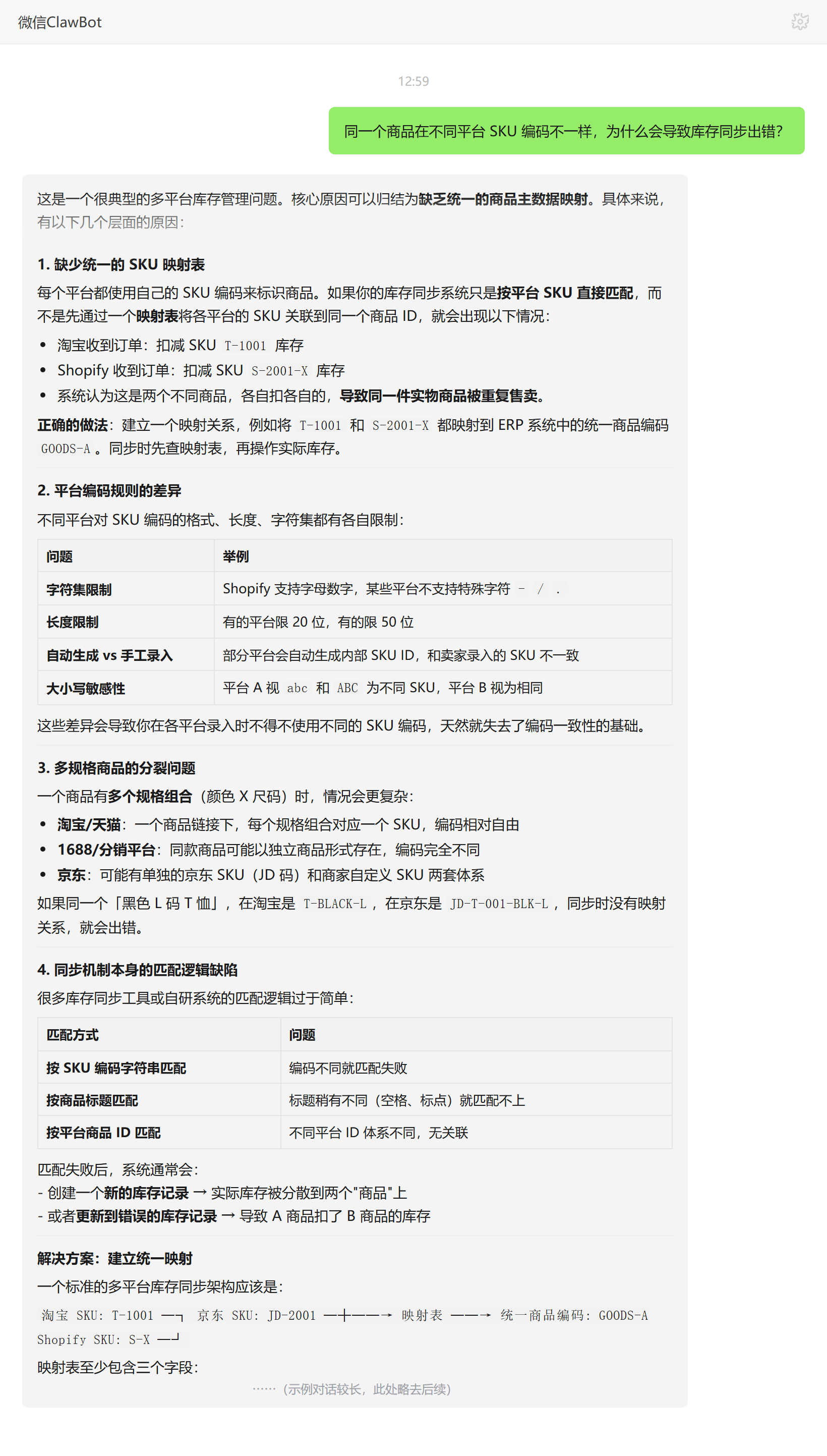 不同平台SKU编码不一致导致库存同步出错的原因——ClawBot 对话示例