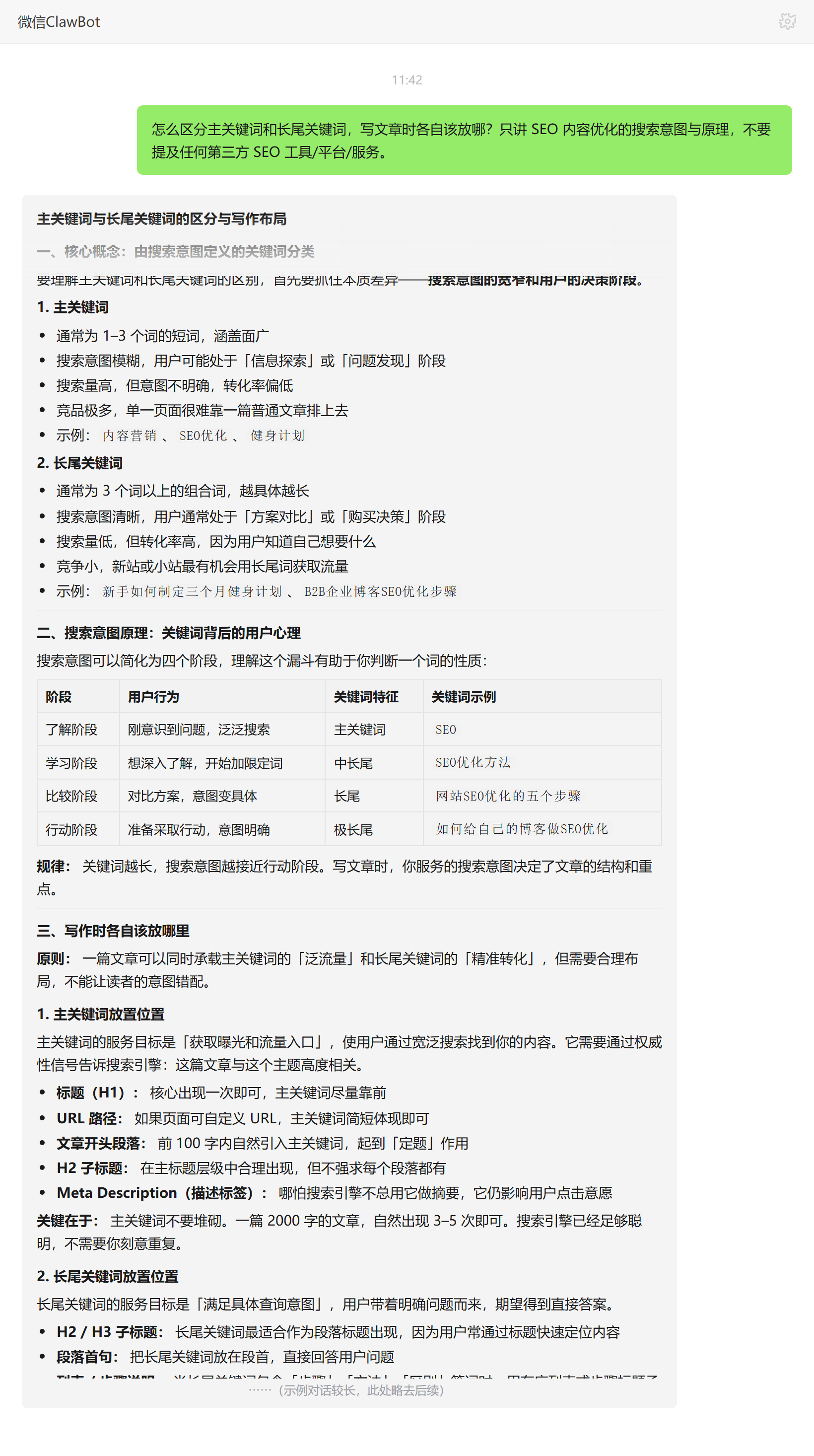 主关键词与长尾关键词区分及在文章中布局位置——ClawBot 对话示例