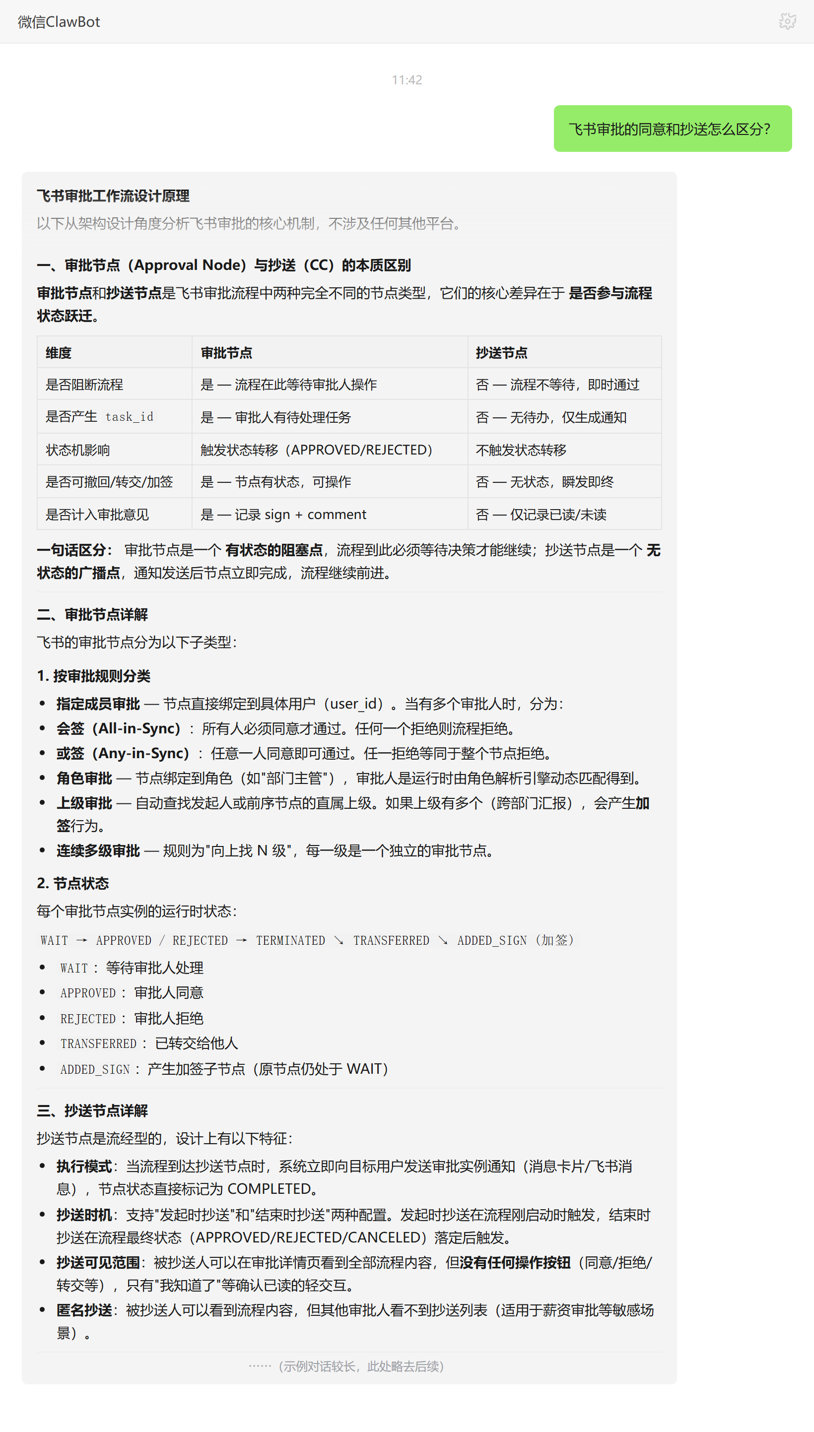 同意与抄送节点本质区别——ClawBot 对话示例
