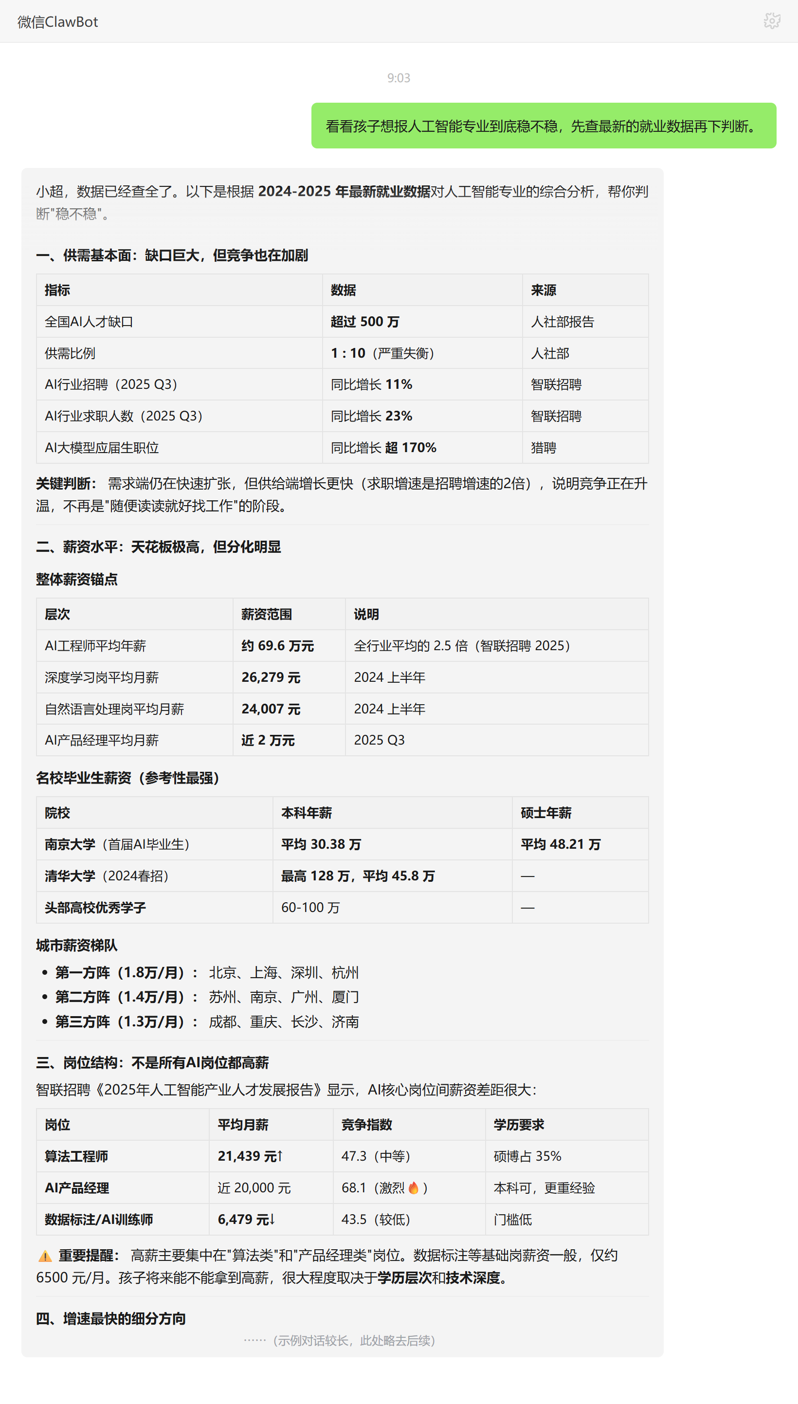 升学志愿技能对话示例:人工智能专业就业数据与稳定性分析