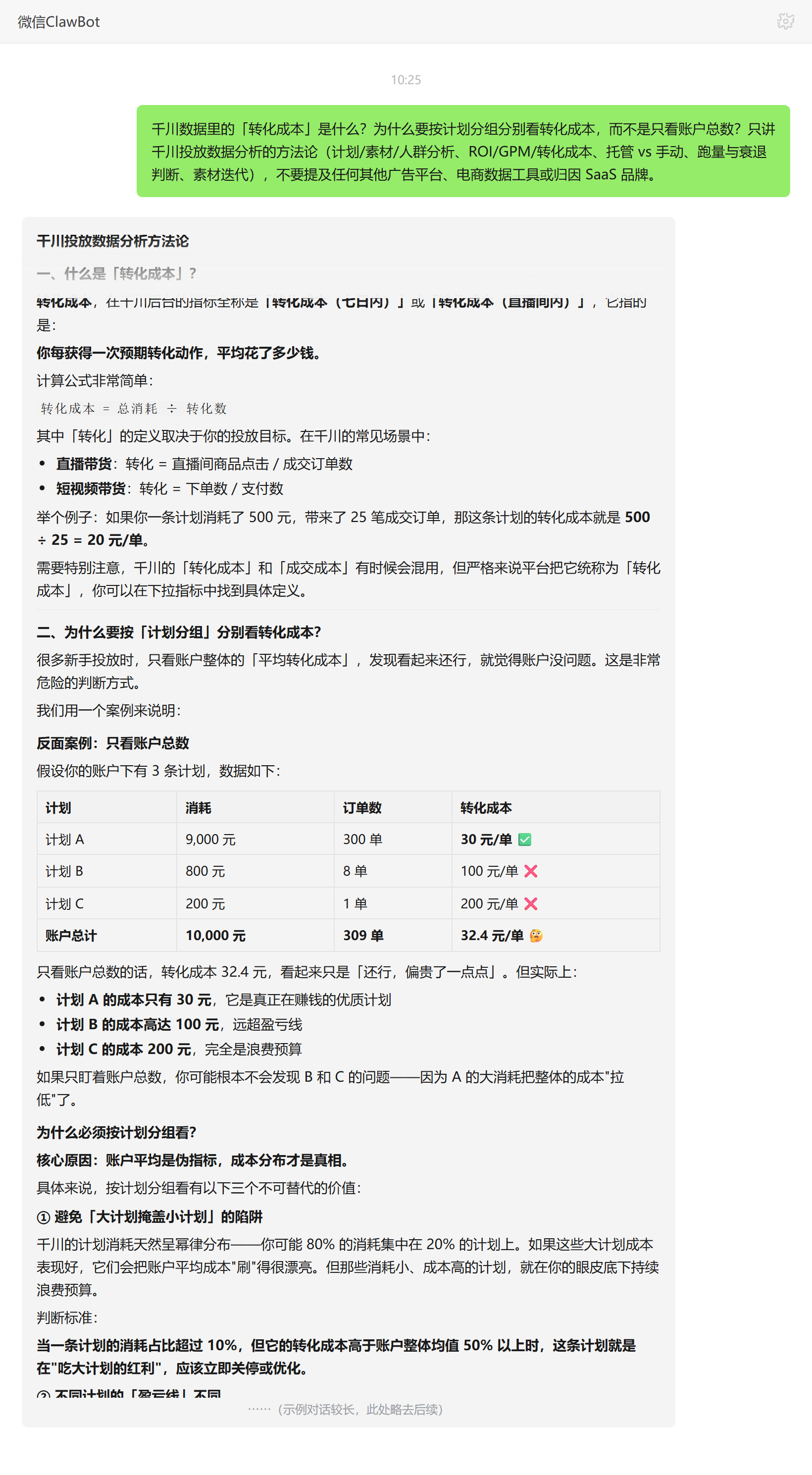 千川转化成本是什么及按计划分组分析——ClawBot 对话示例