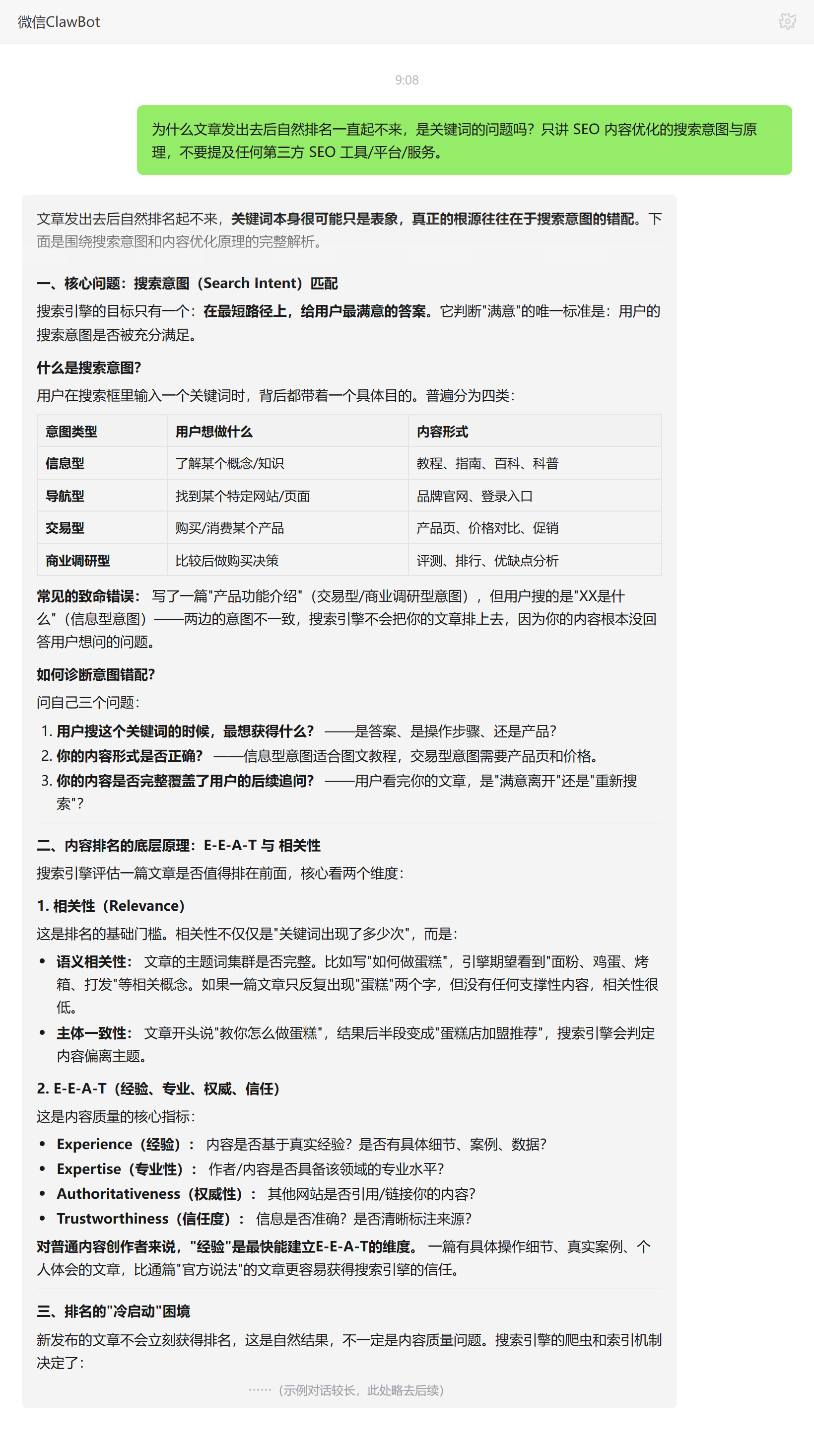 自然排名起不来真正原因是搜索意图错配——ClawBot 对话示例