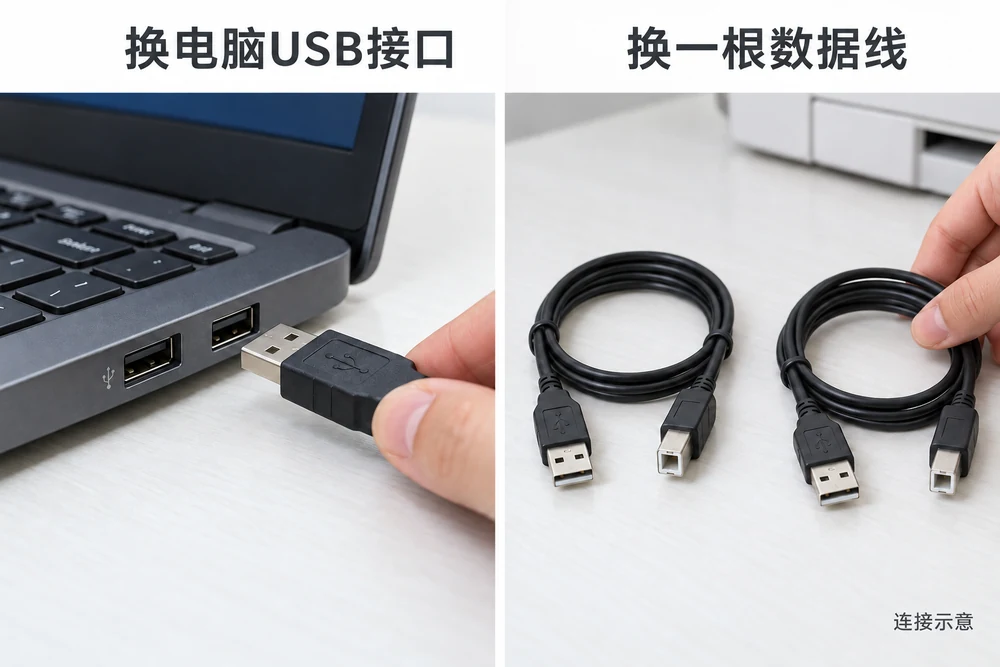 更换电脑USB接口和打印机数据线的生成示意-软领打印机驱动修复大师