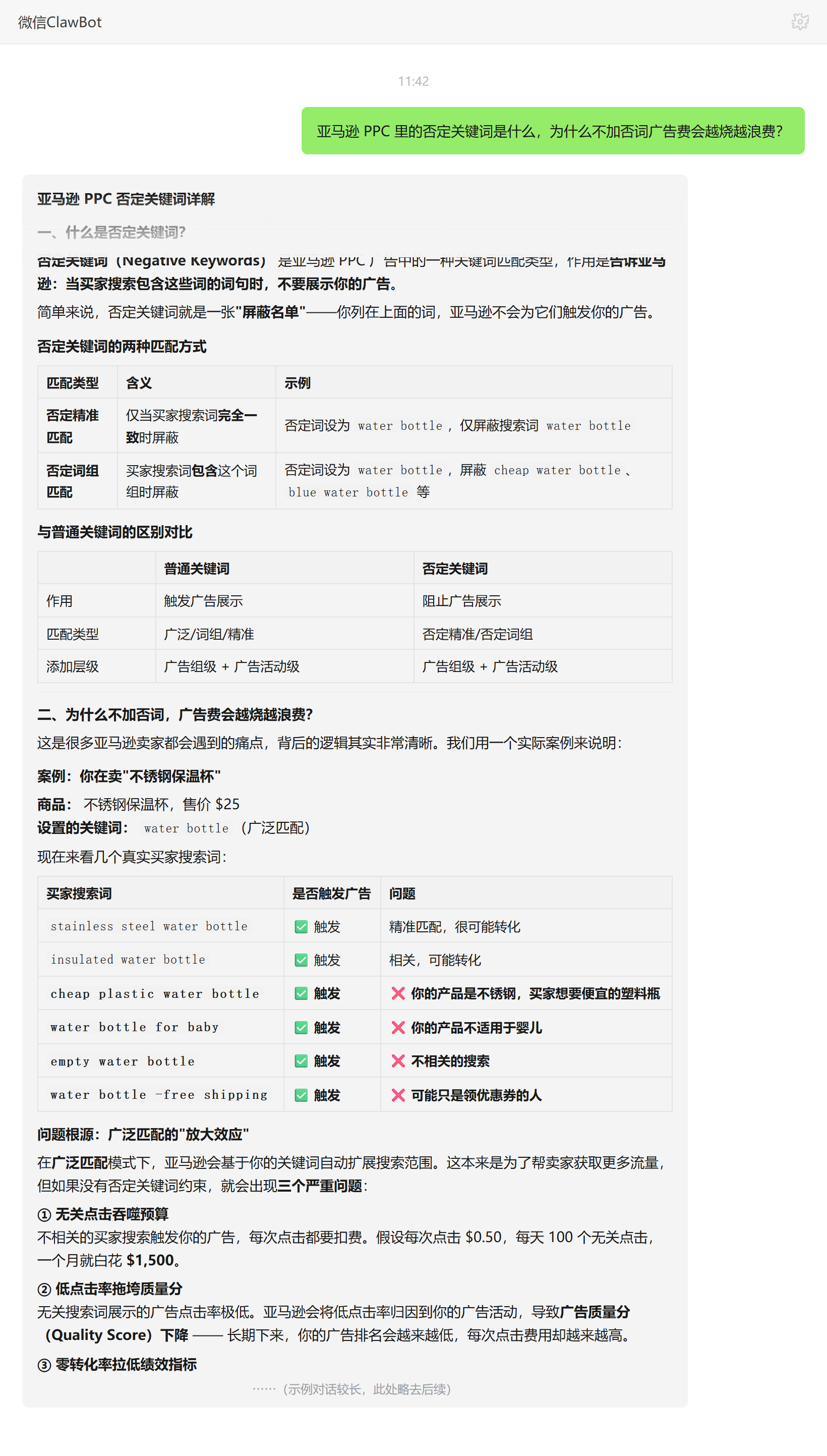 亚马逊否定关键词是什么及不加否词为何浪费广告费——ClawBot 对话示例