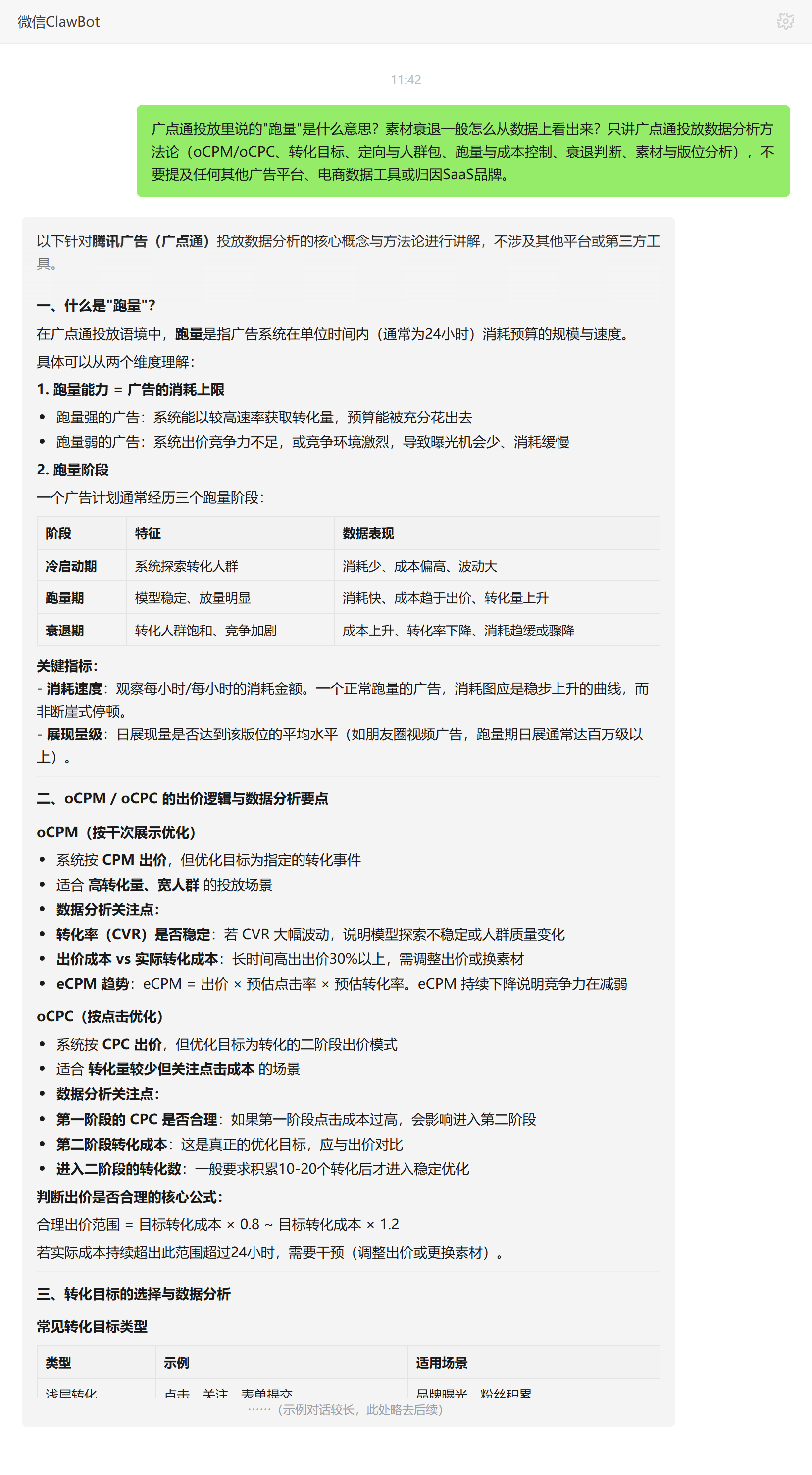 广点通跑量含义与素材衰退判断——ClawBot 对话示例