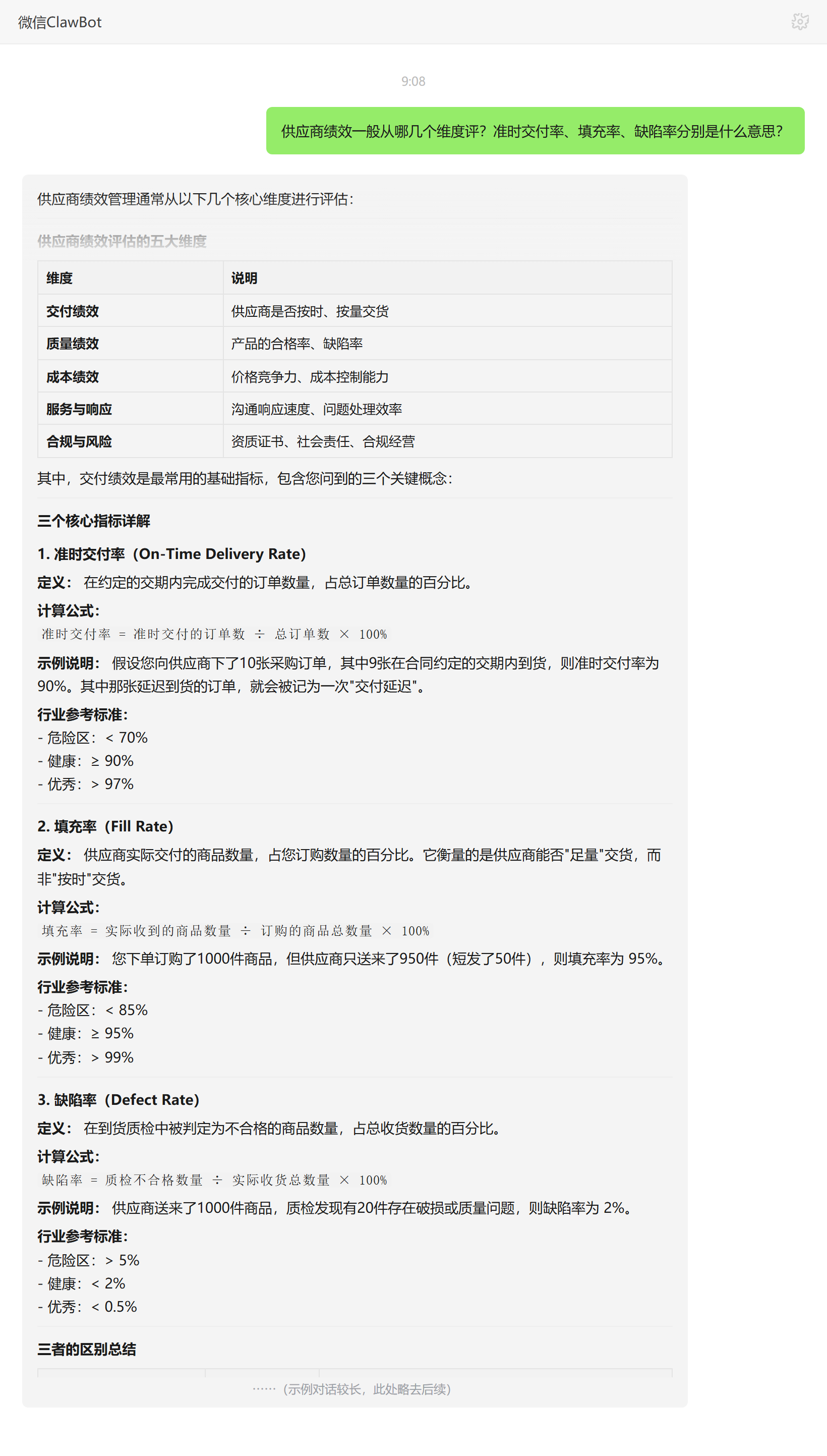 供应商绩效评估维度及准时交付率填充率缺陷率含义——ClawBot 对话示例