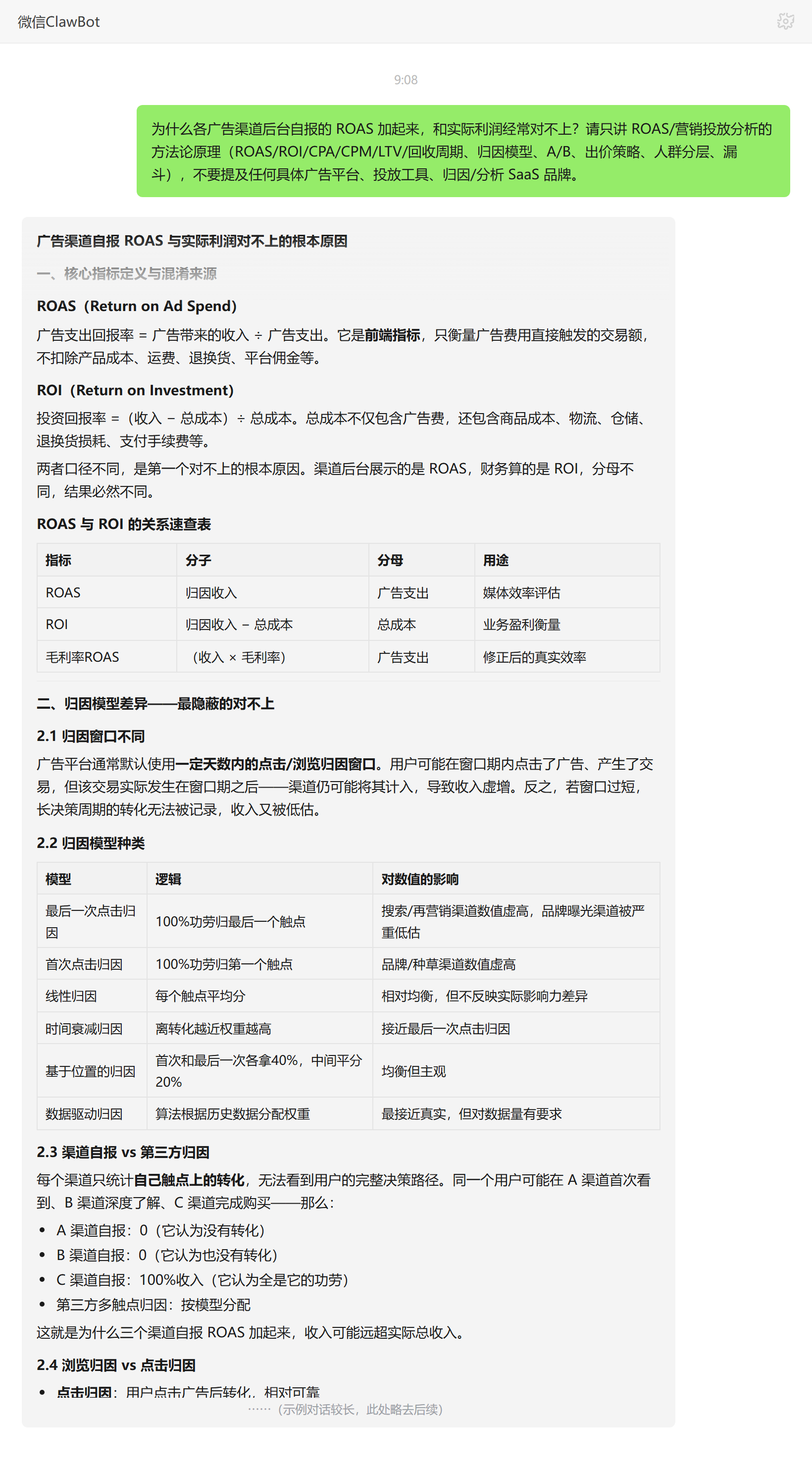 ROAS加总和实际利润对不上原因——ClawBot 对话示例