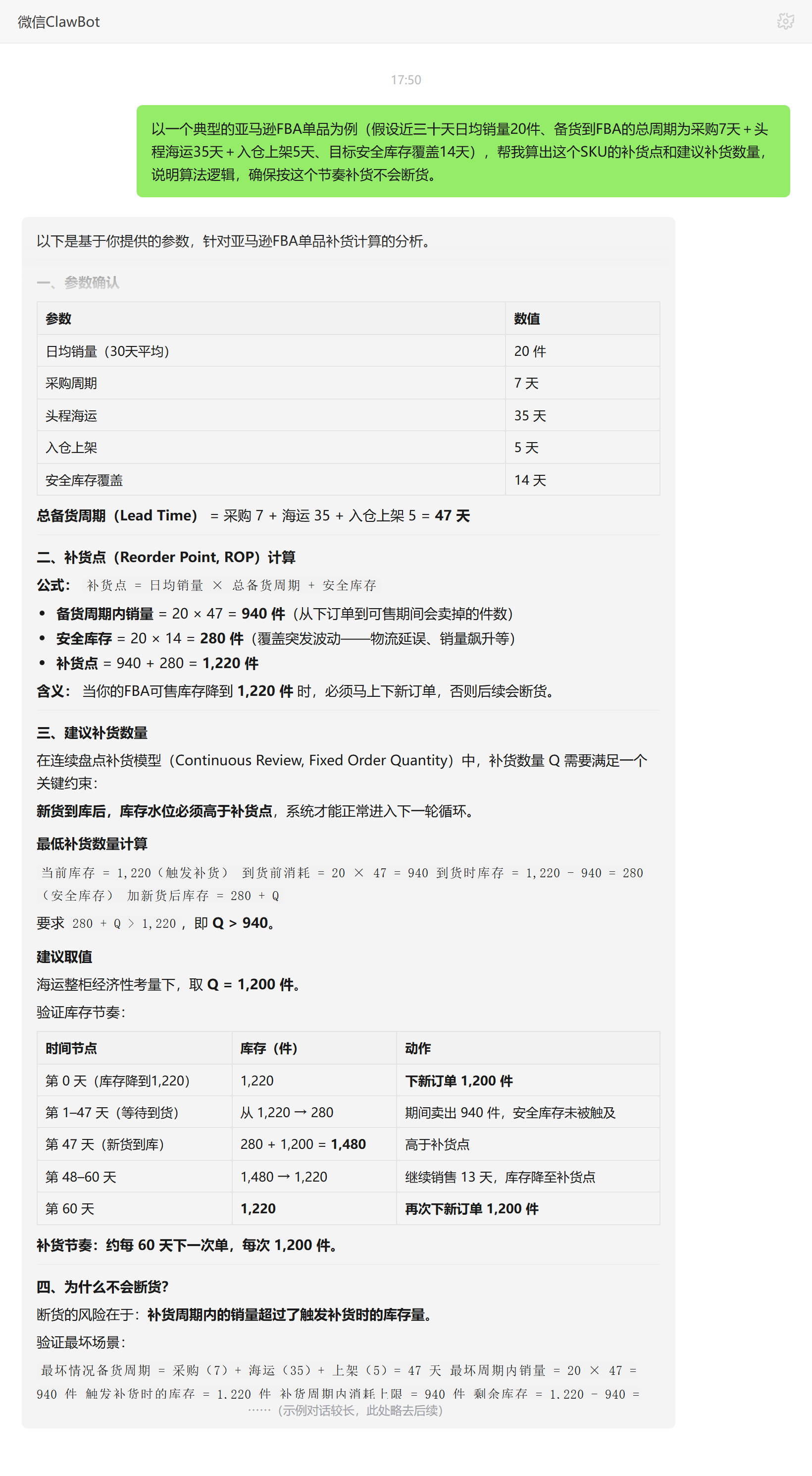 亚马逊FBA库存优化技能对话示例:补货点与安全库存计算