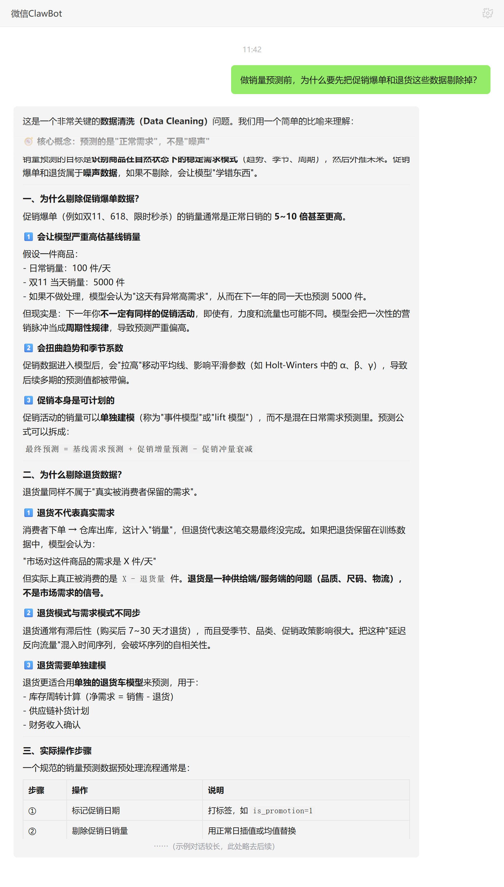销量预测前剔除促销爆单和退货数据的原因——ClawBot 对话示例