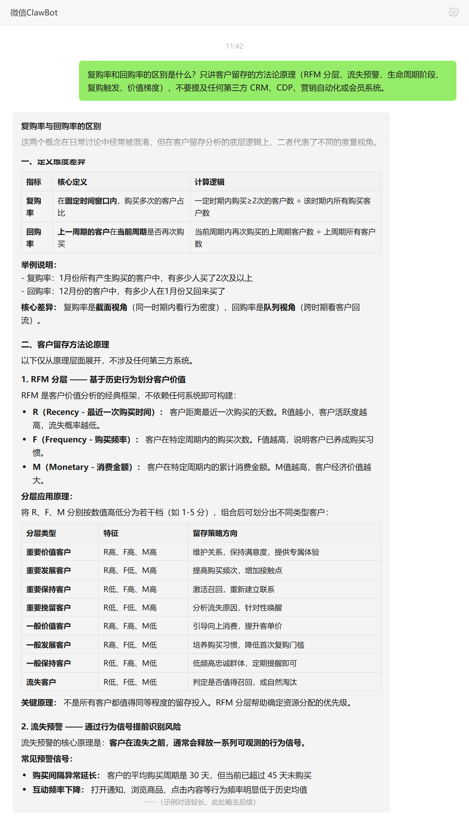 复购率和回购率区别——ClawBot 对话示例