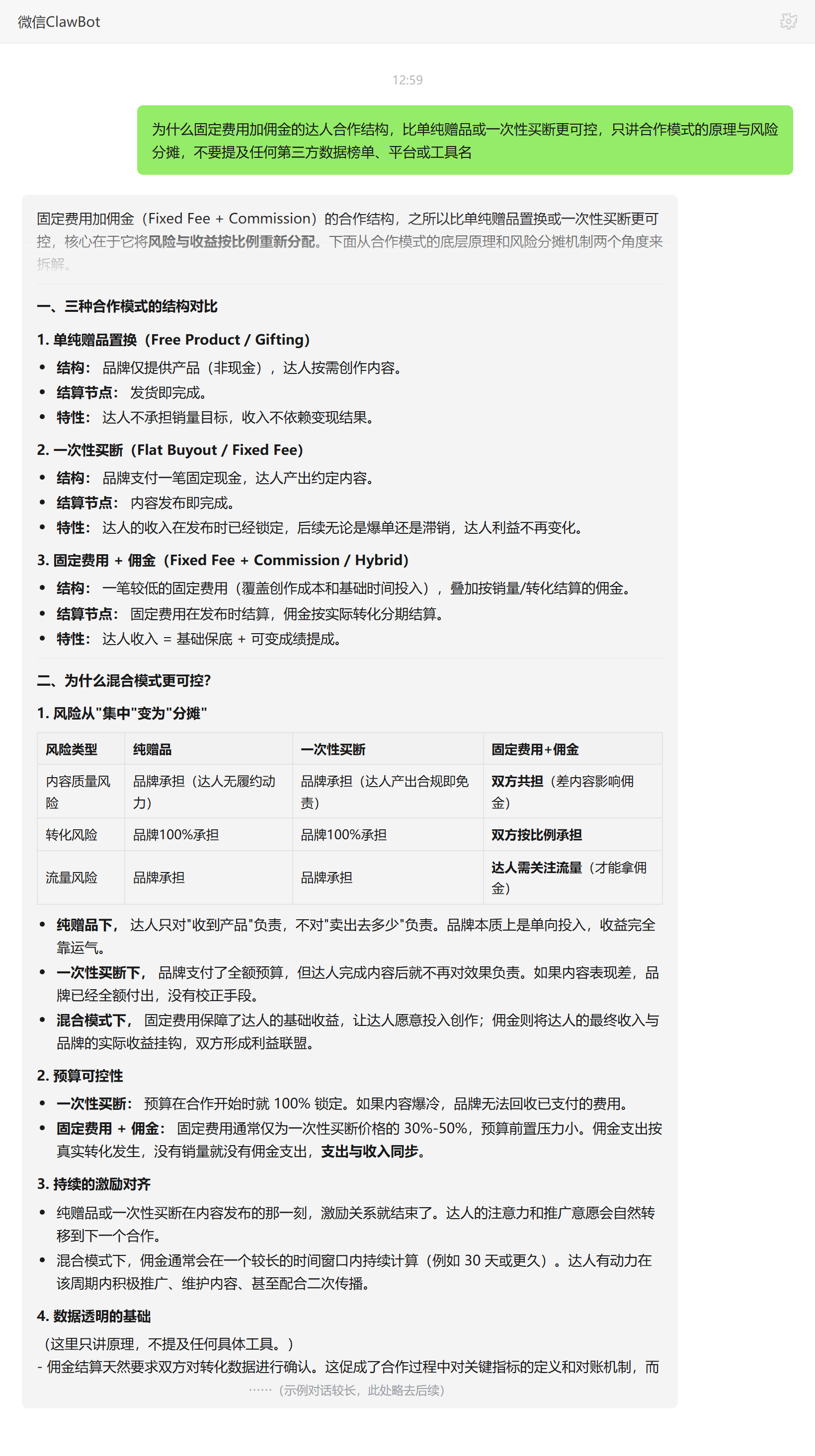 固定费用加佣金合作结构为何更可控——ClawBot 对话示例