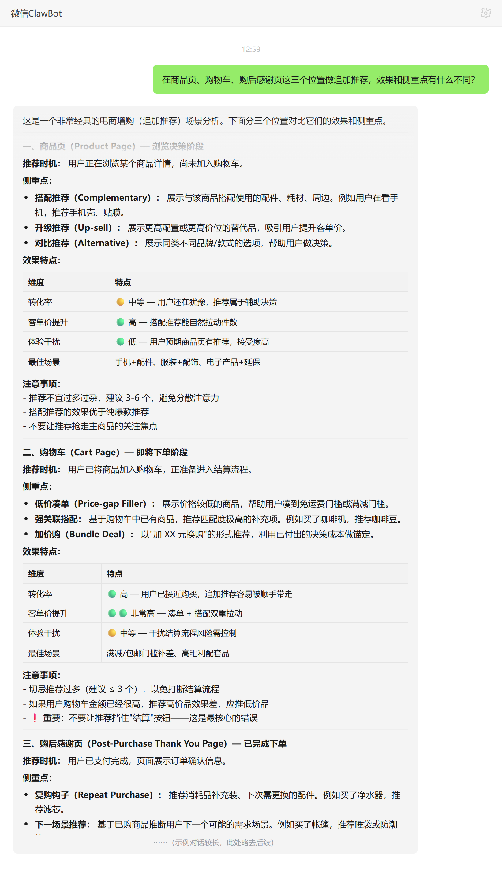 商品页购物车购后感谢页三个位置追加推荐的效果与侧重——ClawBot 对话示例
