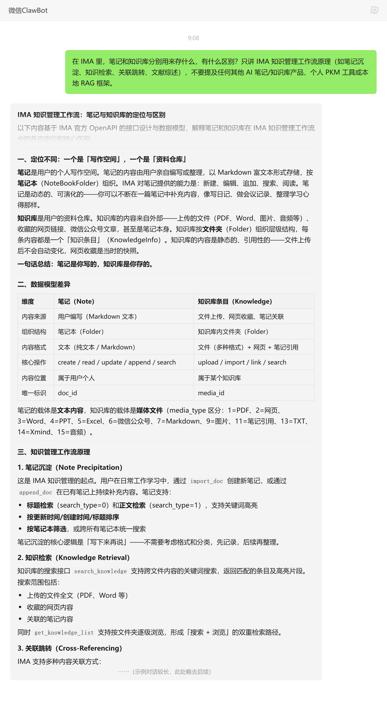 IMA 笔记与知识库区别——ClawBot 对话示例
