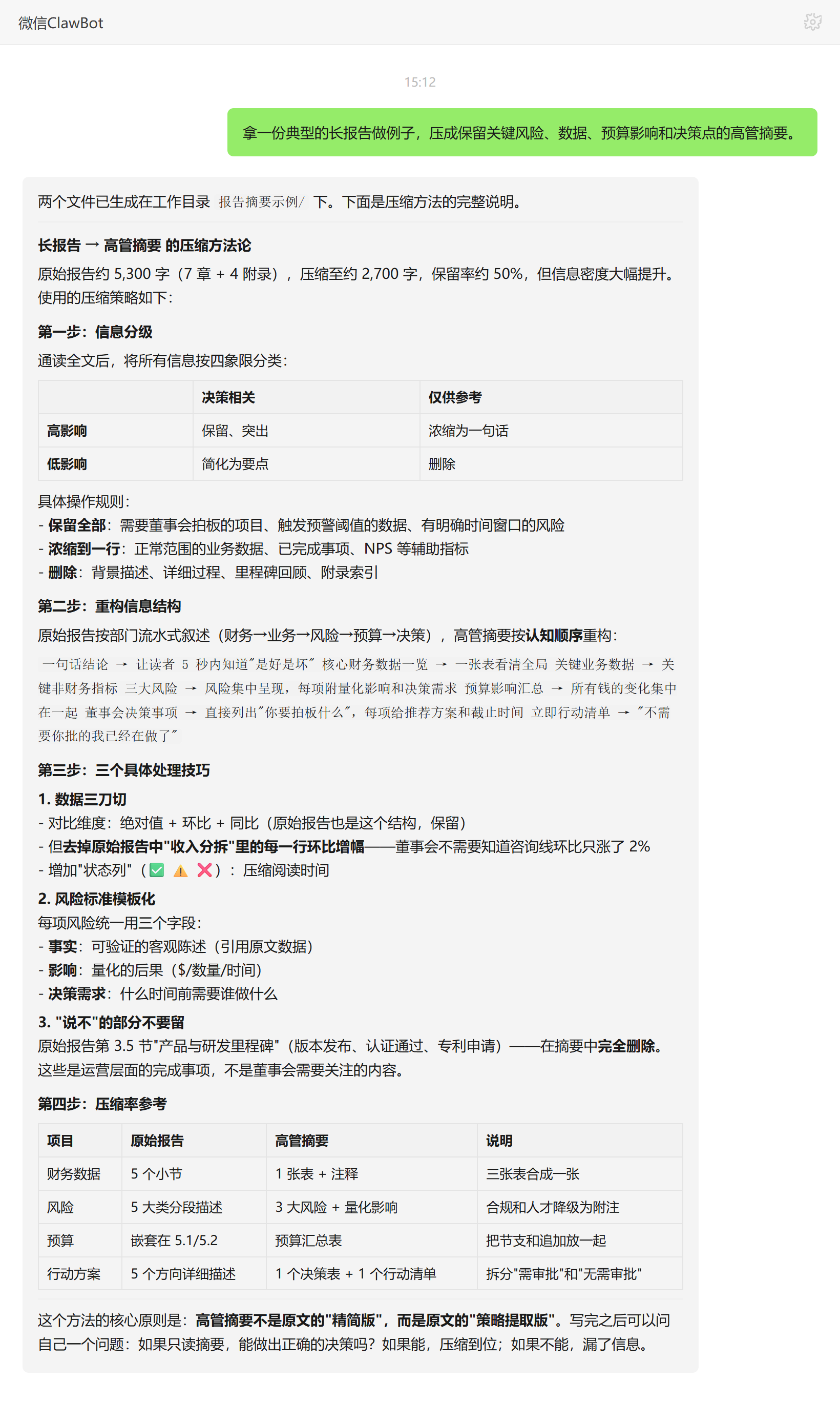 内容摘要技能对话示例:长报告压缩为高管摘要方法