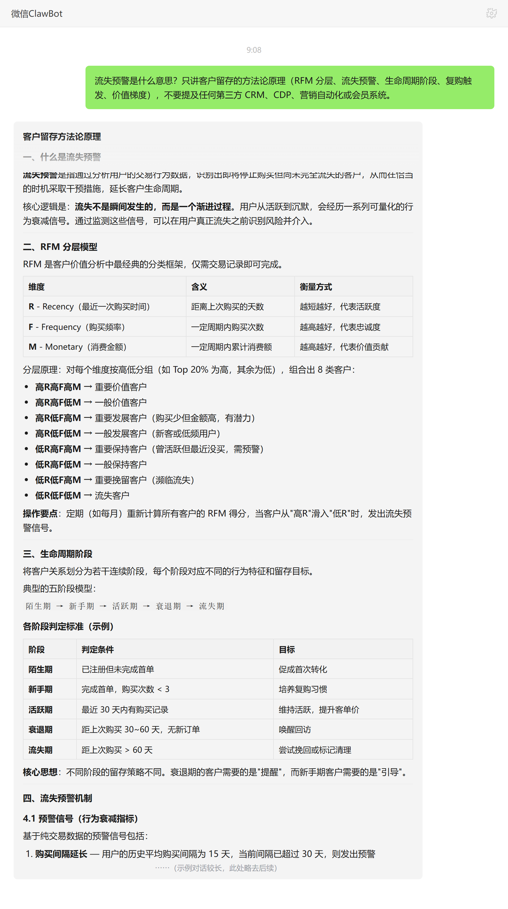 流失预警概念释义——ClawBot 对话示例