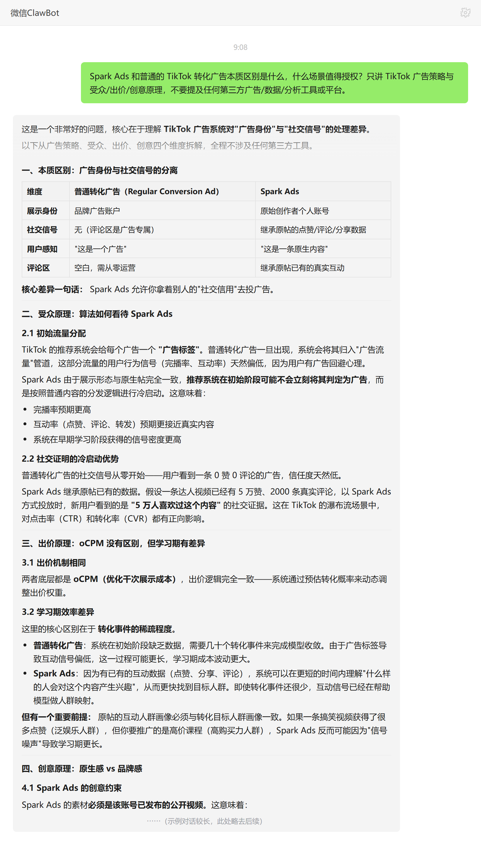 Spark Ads 和普通 TikTok 转化广告本质区别与授权场景——ClawBot 对话示例