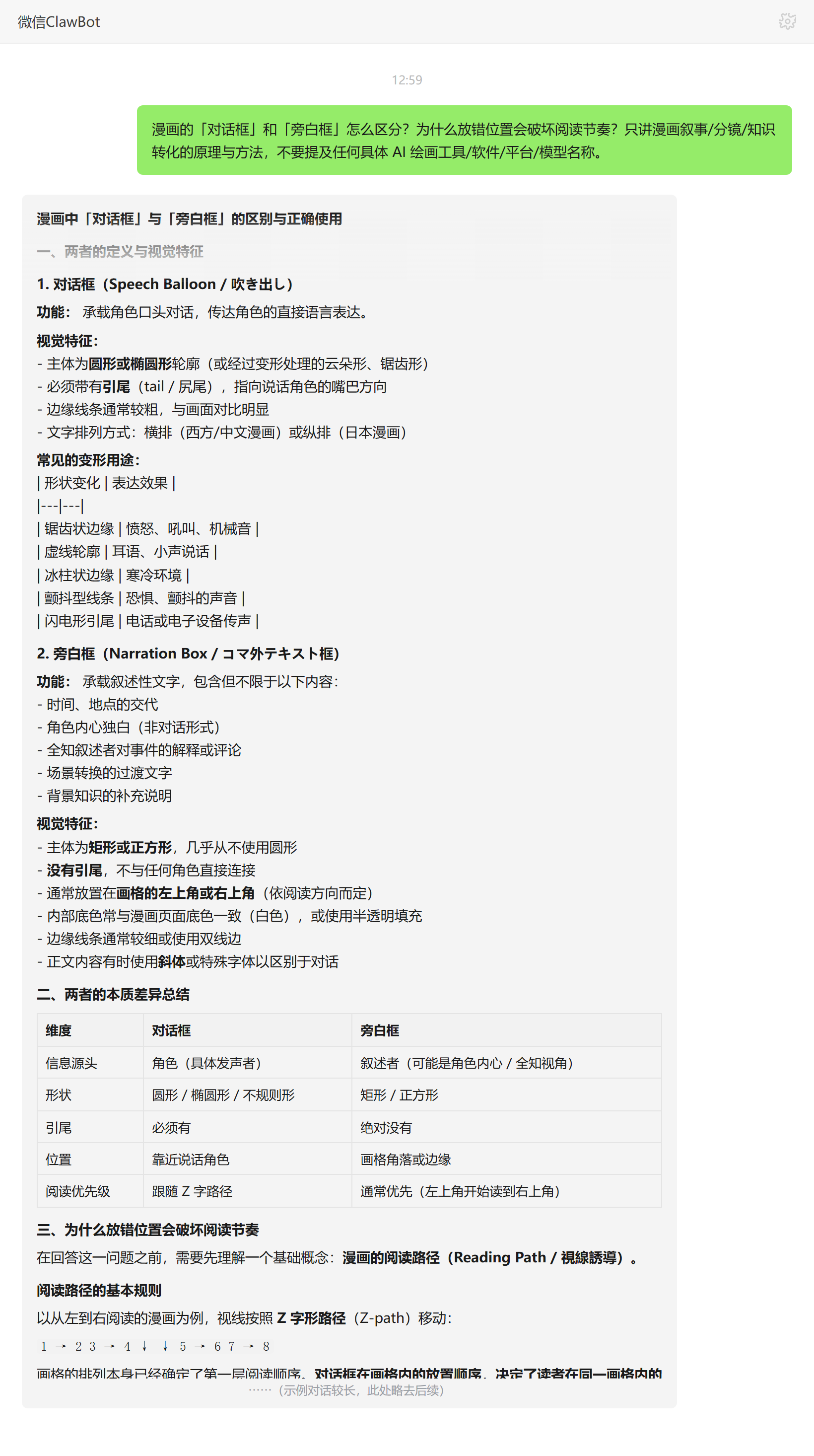 漫画对话框与旁白框的区分及阅读节奏原理——ClawBot 对话示例