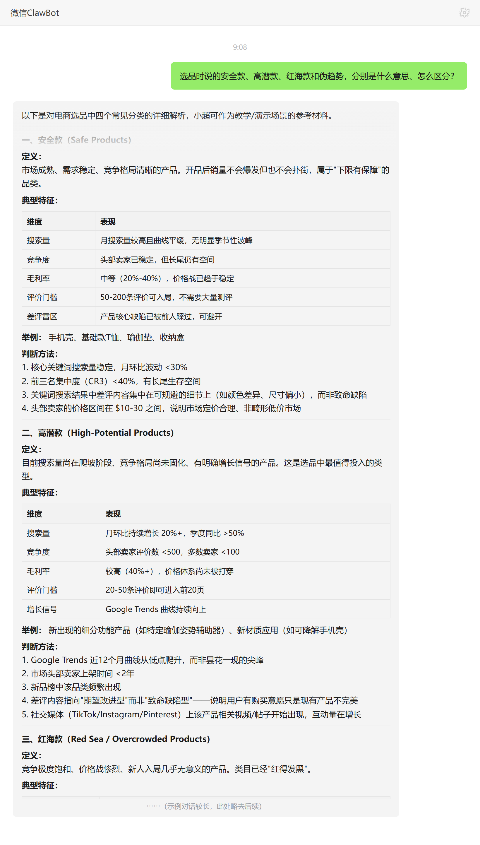 选品中安全款高潜款红海款伪趋势的含义与区分——ClawBot 对话示例