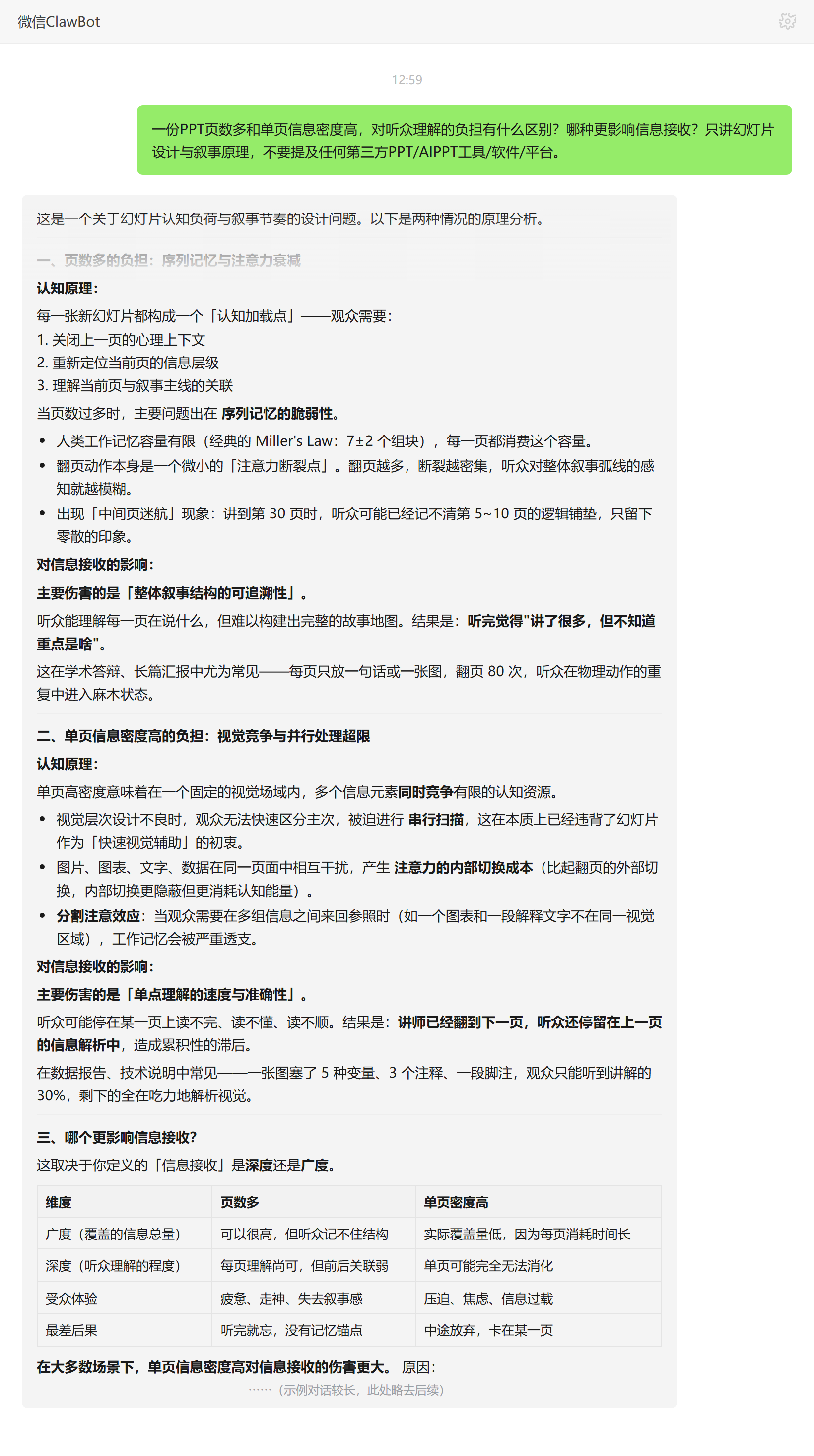 PPT页数与单页信息密度的认知负担差异——ClawBot 对话示例