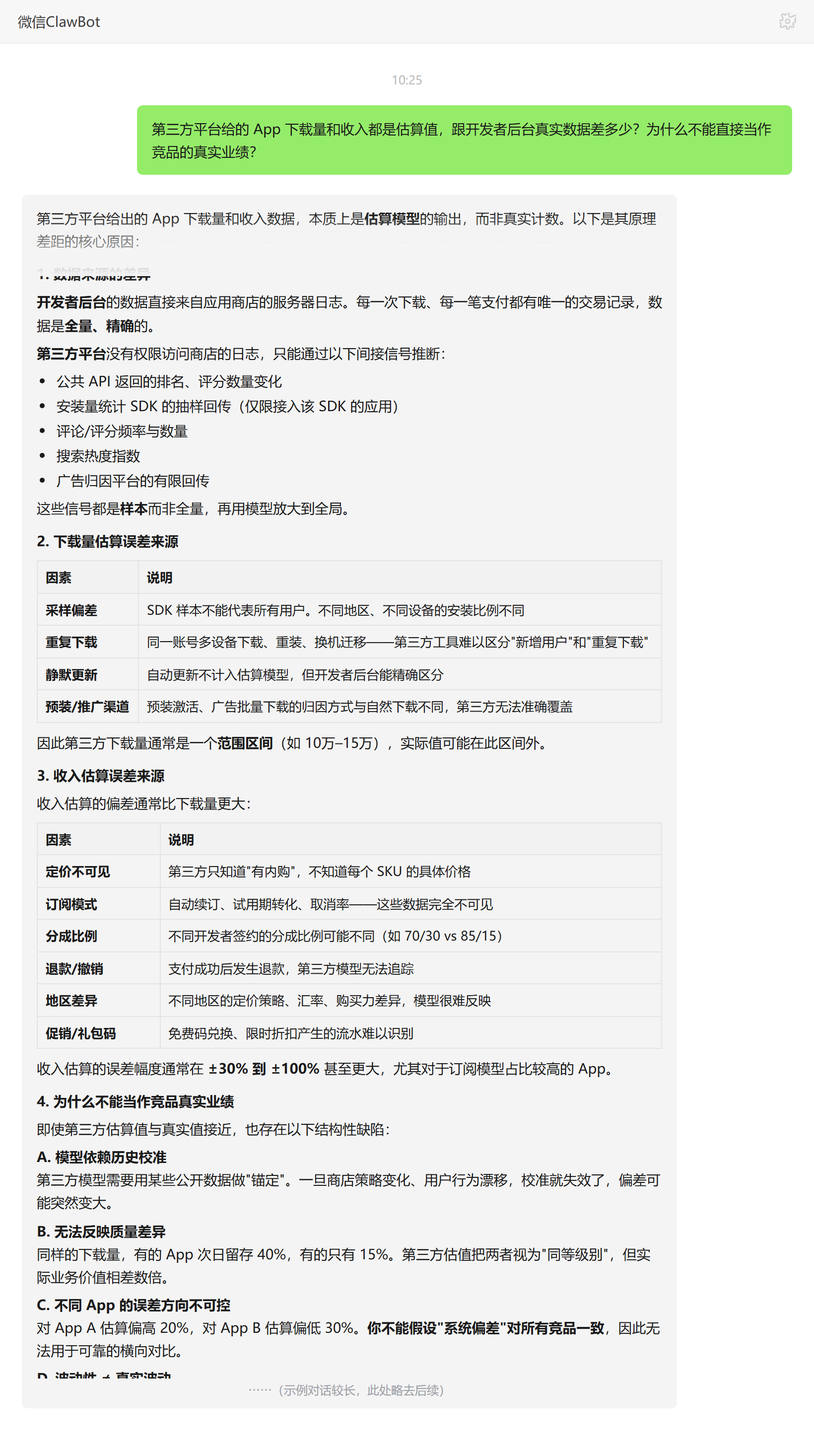 第三方 App 下载量与收入估算误差及局限——ClawBot 对话示例