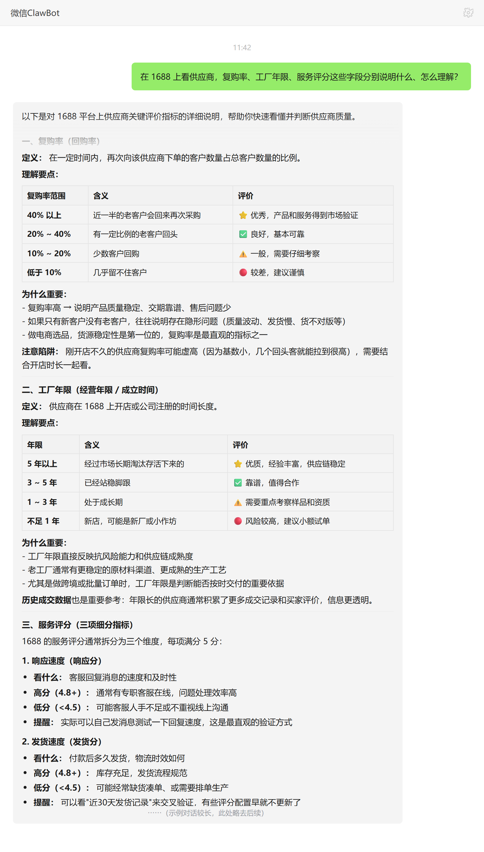 1688供应商复购率工厂年限服务评分字段怎么理解——ClawBot 对话示例
