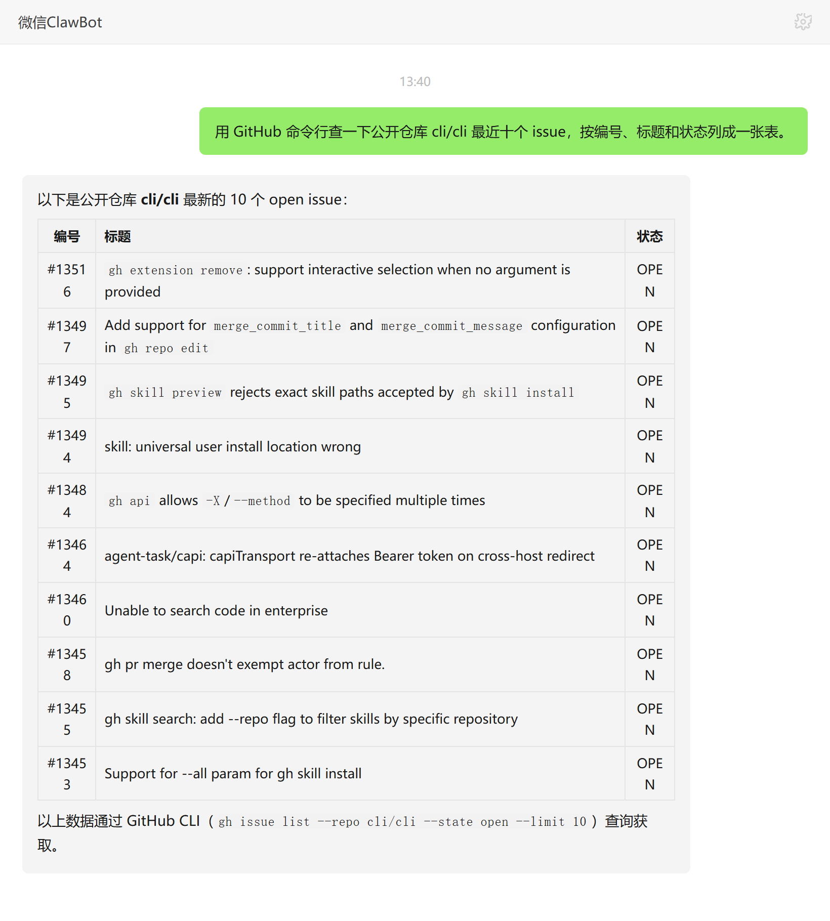 GitHub命令行技能对话示例:cli/cli仓库最新十个issue列表