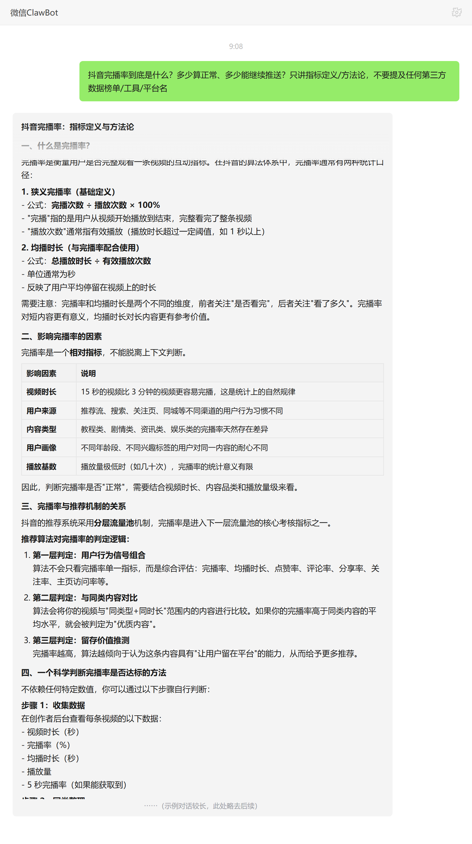 抖音完播率定义、计算公式与相对推荐阈值的方法论解析——ClawBot 对话示例