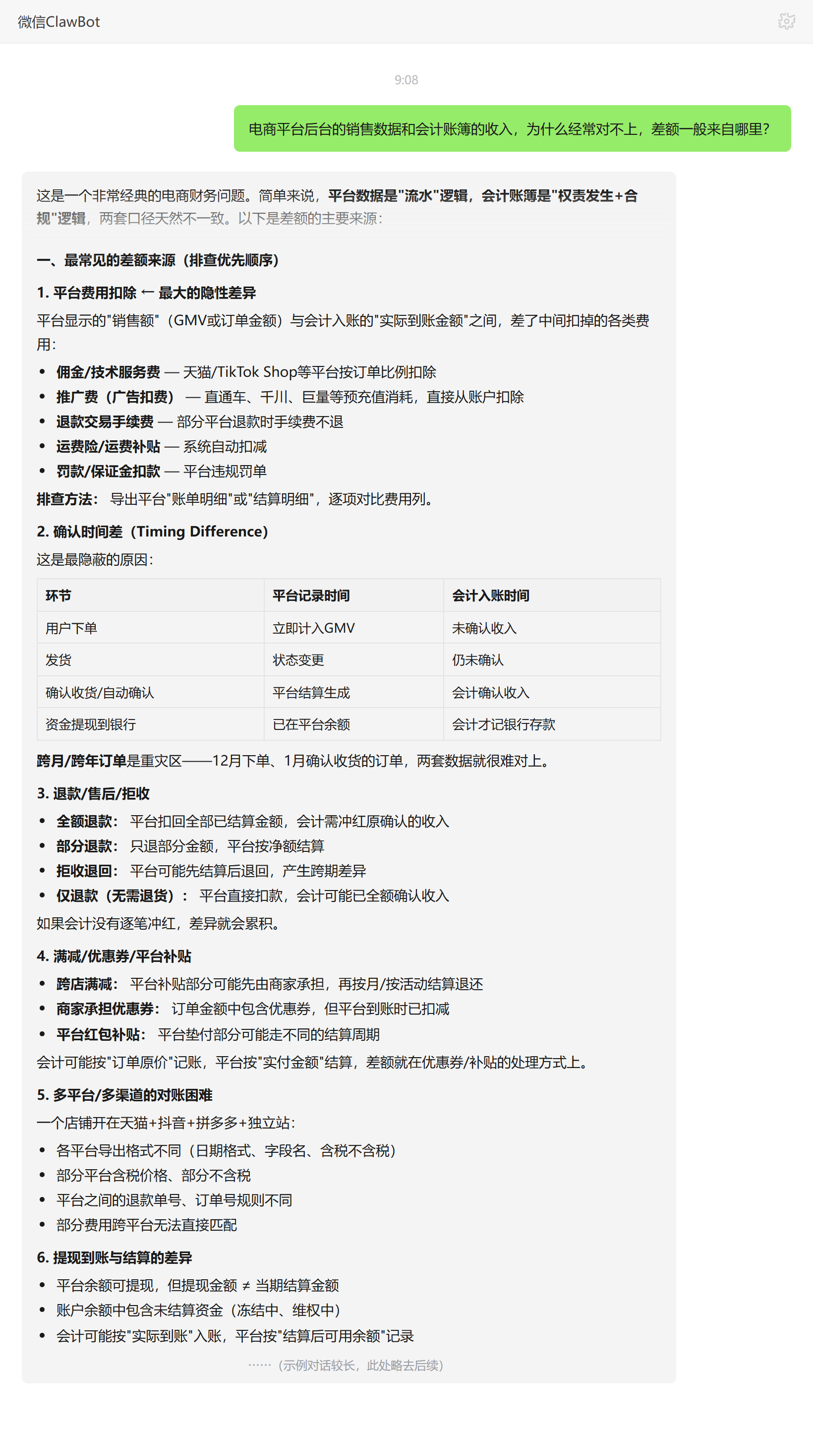 电商平台数据与会计账簿收入对不上的六类差额来源——ClawBot 对话示例