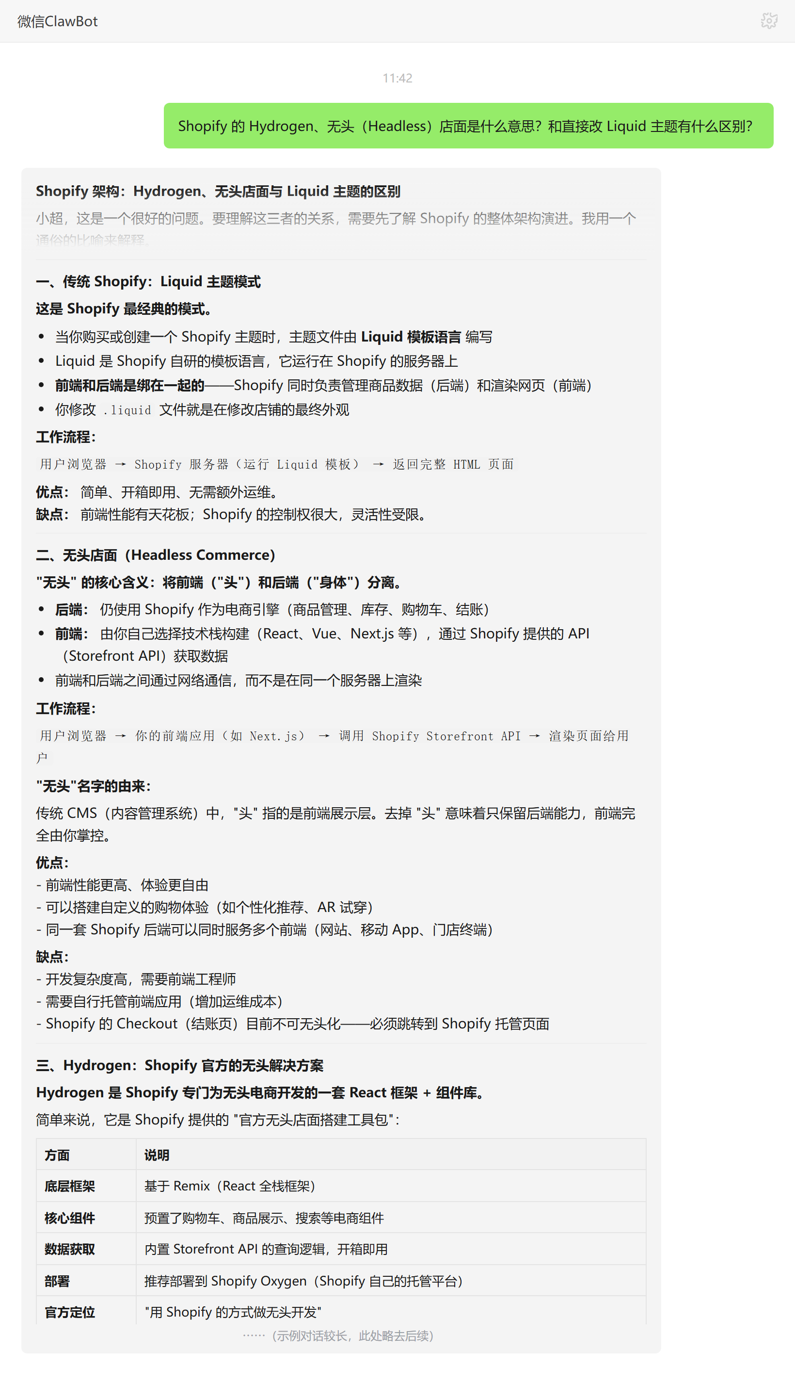 Shopify Hydrogen无头店面是什么及与改Liquid主题的区别——ClawBot 对话示例