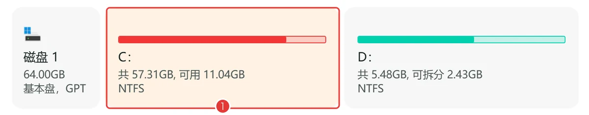 扩容后C盘变成57.31GB D盘变成5.48GB-软领C盘扩容分区大师