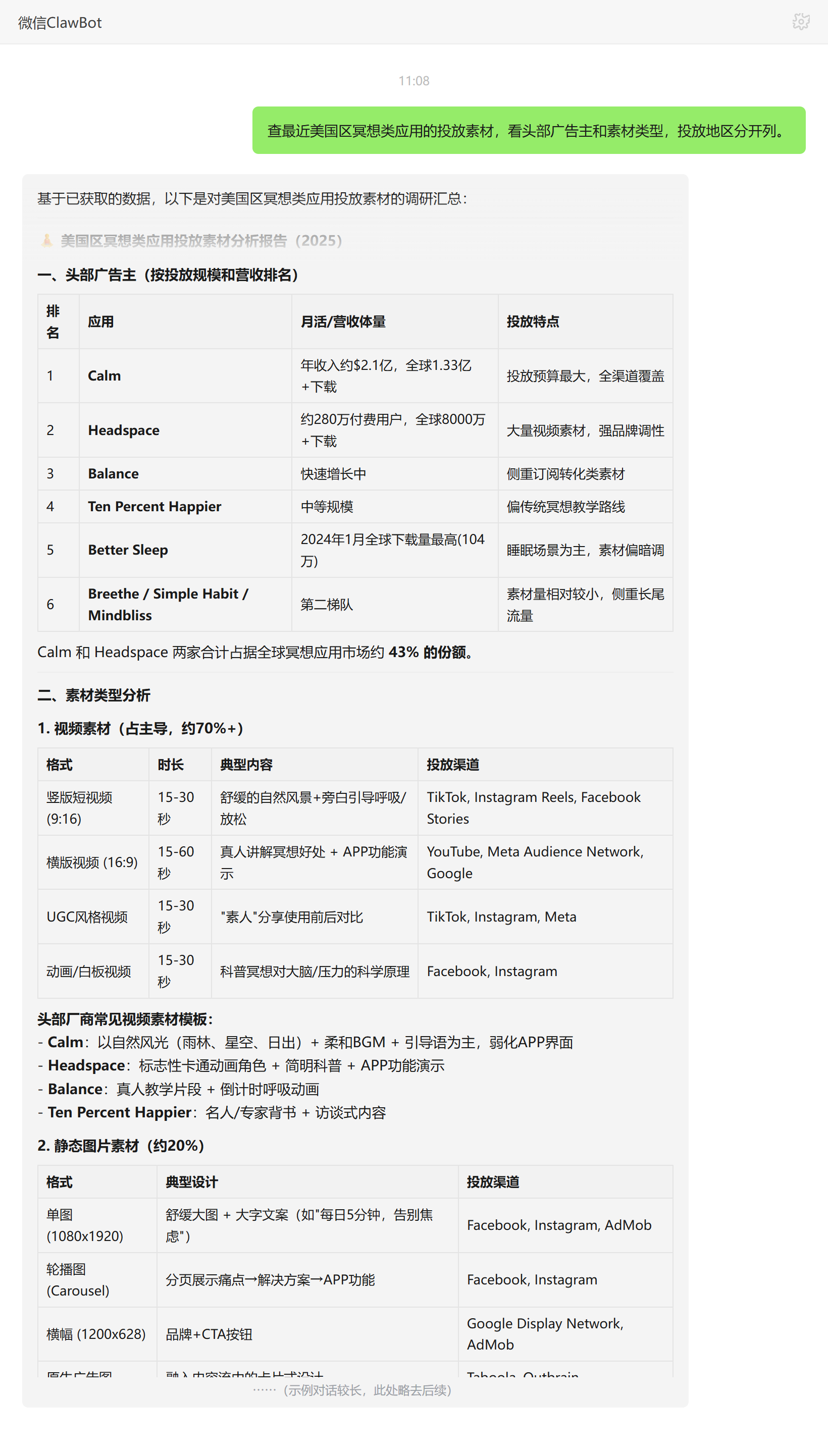 广告情报分析技能对话示例:美国冥想类应用头部广告主投放分析