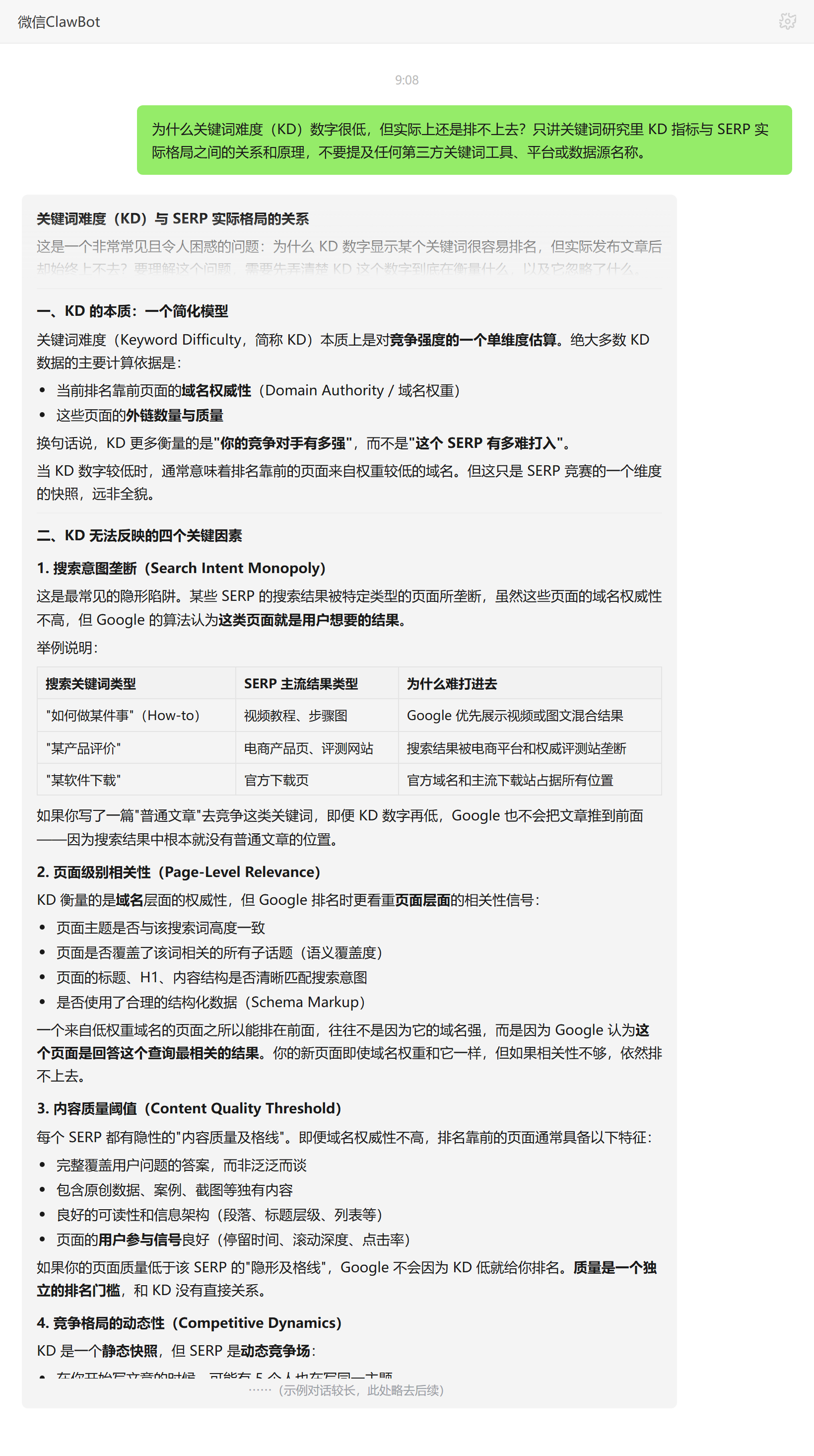 KD关键词难度数字低却排不上去的原因与SERP格局关系——ClawBot 对话示例
