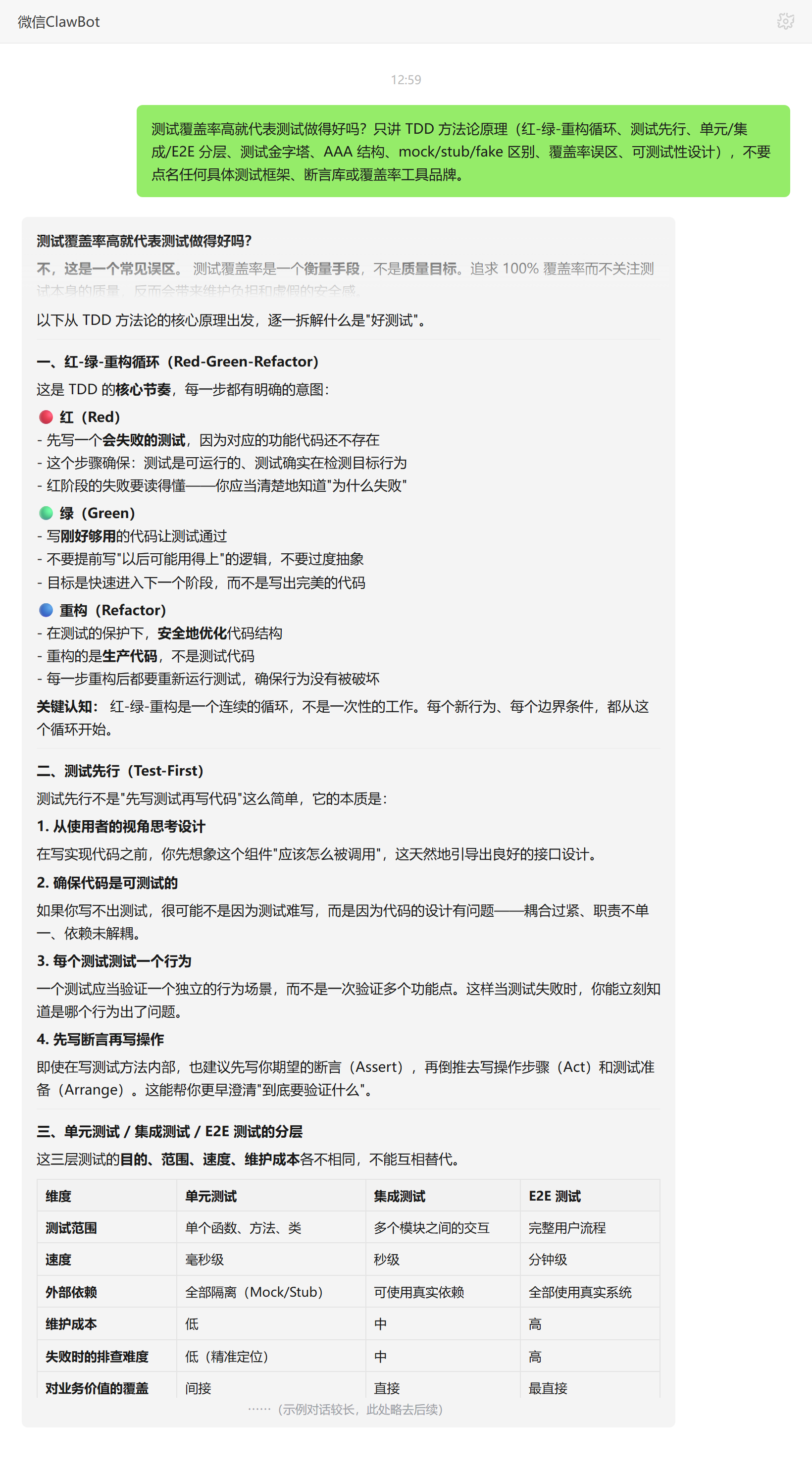 测试覆盖率高不代表测试做得好——ClawBot 对话示例